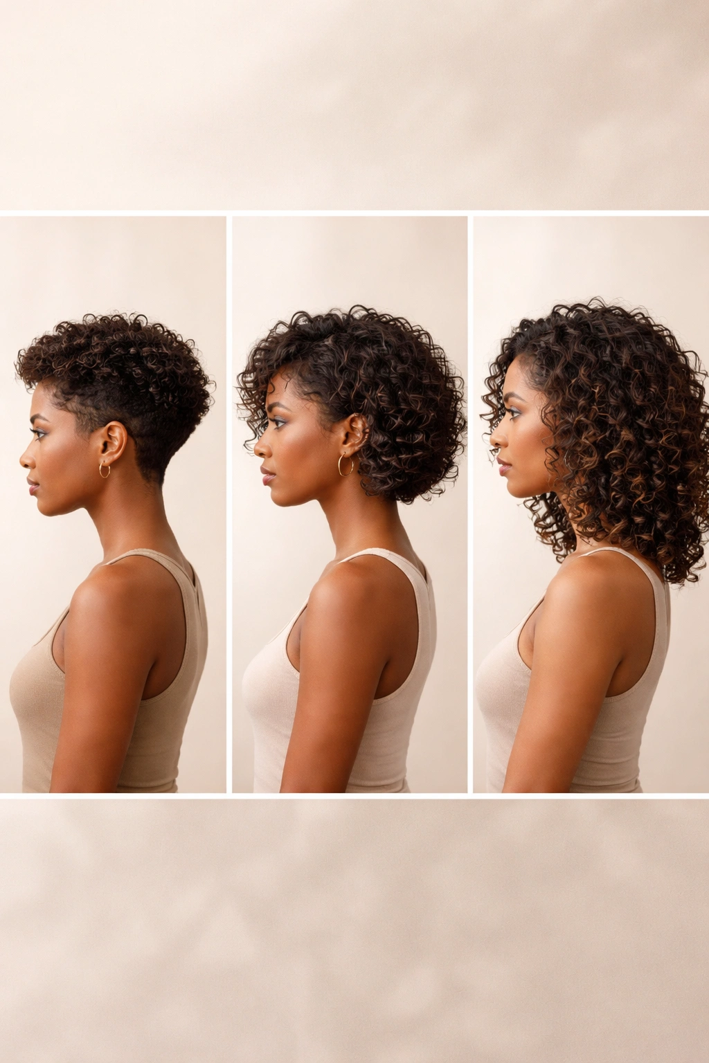 Triptych of abstract curl silhouettes illustrating growth from short to shoulder-length