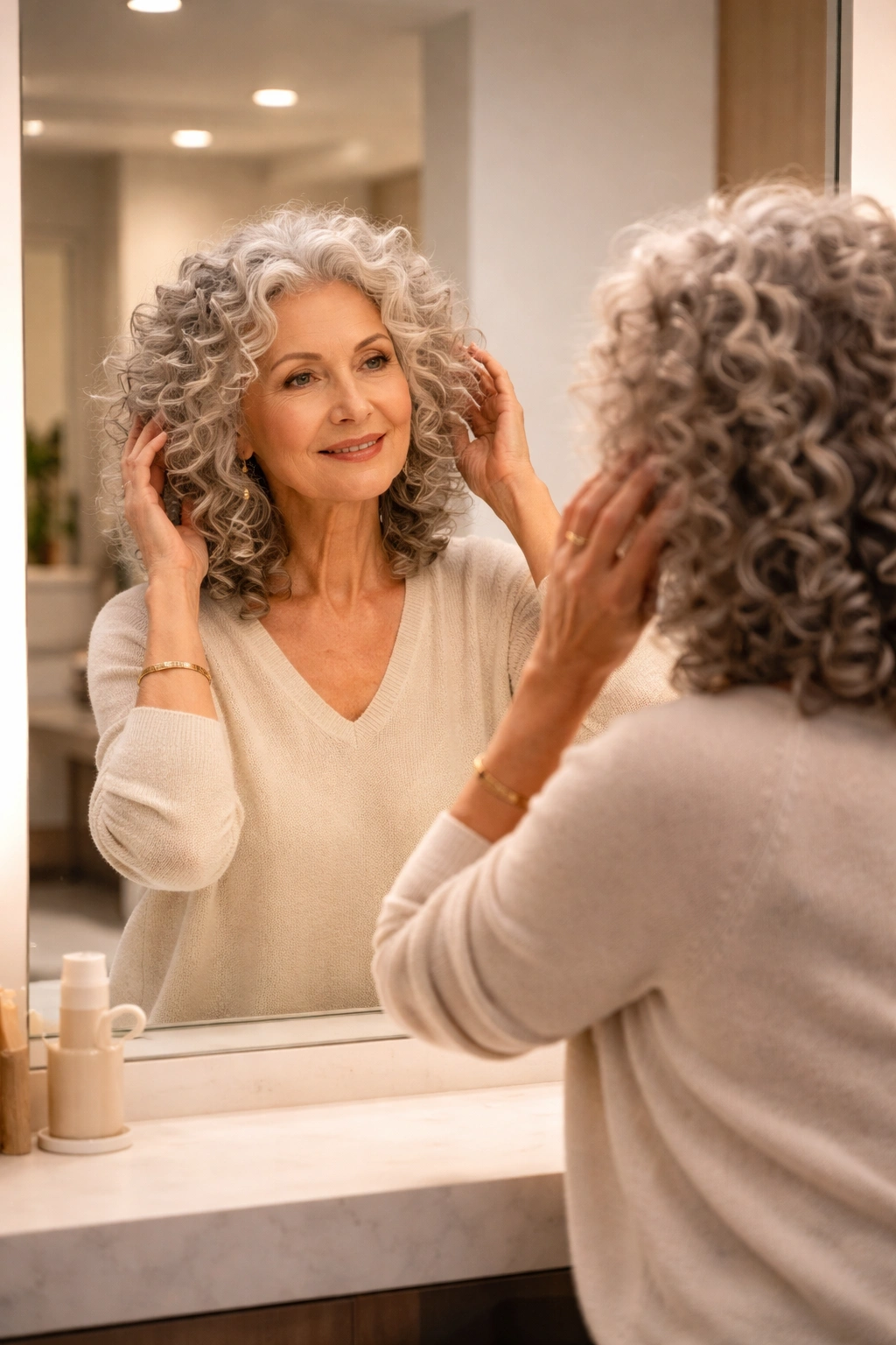 Woman with curly hair looking into a mirror in a minimal space