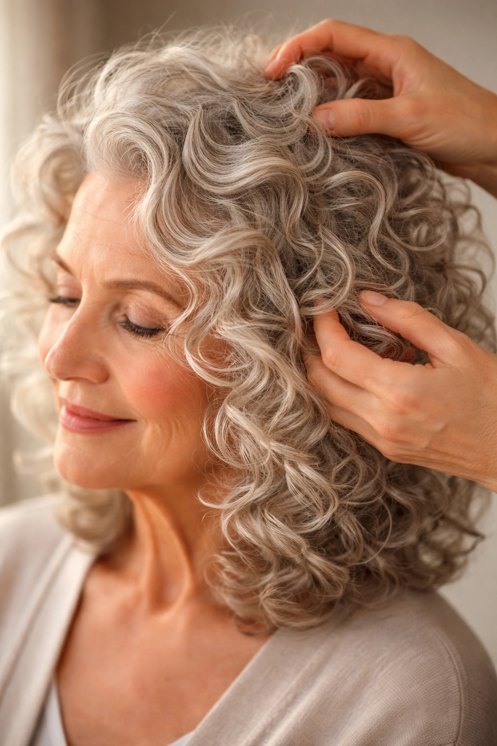 Hands shaping defined curls on a mature woman's hair