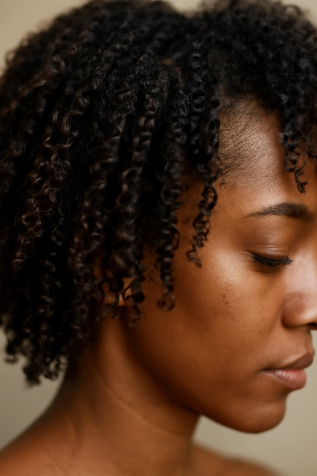Short Natural Haircuts for Coily and Curly Textures 1 Close-up of natural curls displaying curl pattern and density in neutral studio lighting