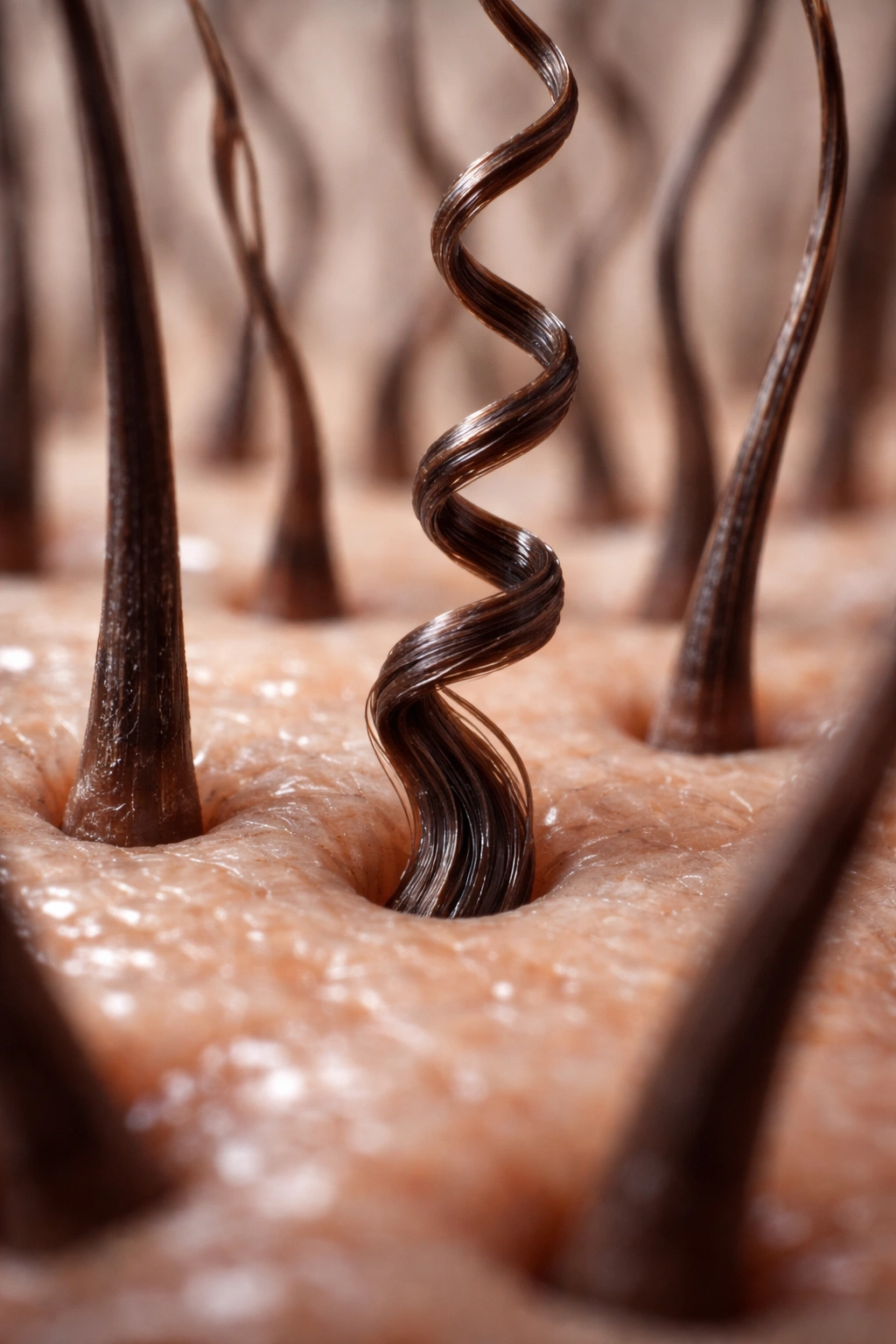 Hair follicles on scalp showing curl pattern