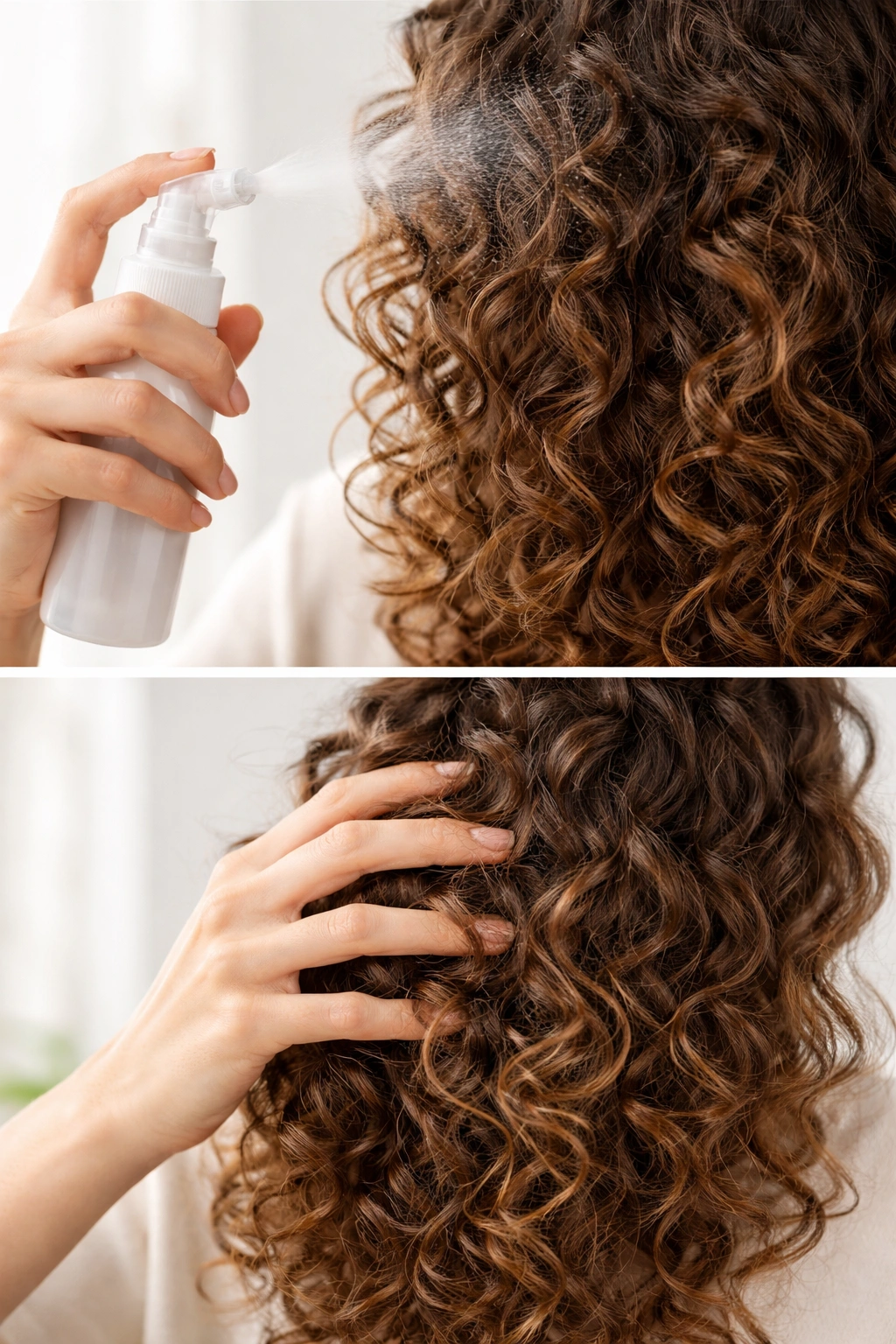 Hands refreshing curls with a spray bottle and scrunching motion