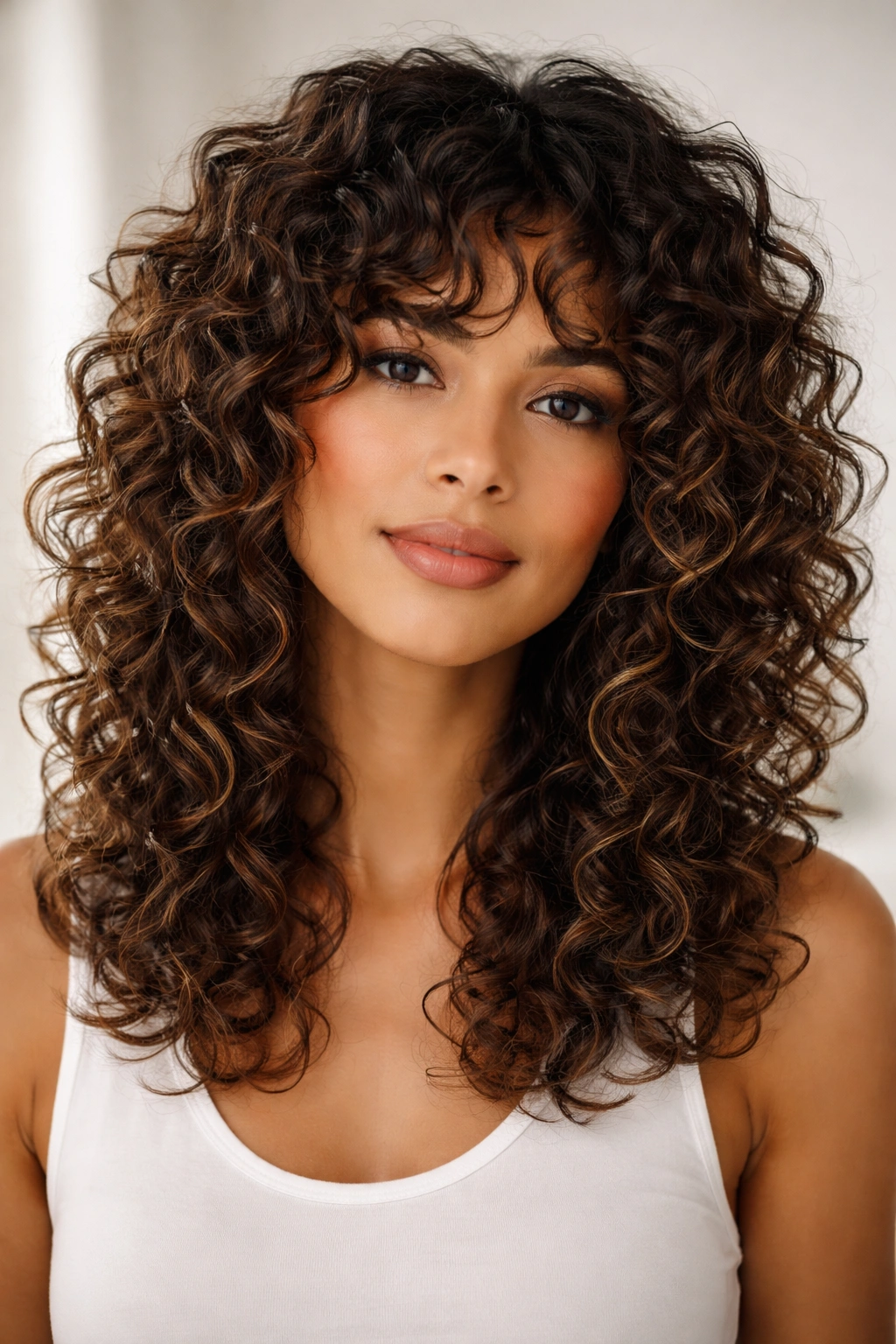 Portrait of The Curl-Friendly Shag with Defined Layers showcasing defined curls and blended layers