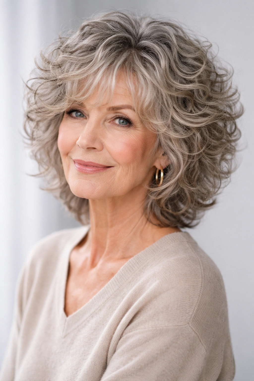 Curly shag cut with choppy layers on a mature woman