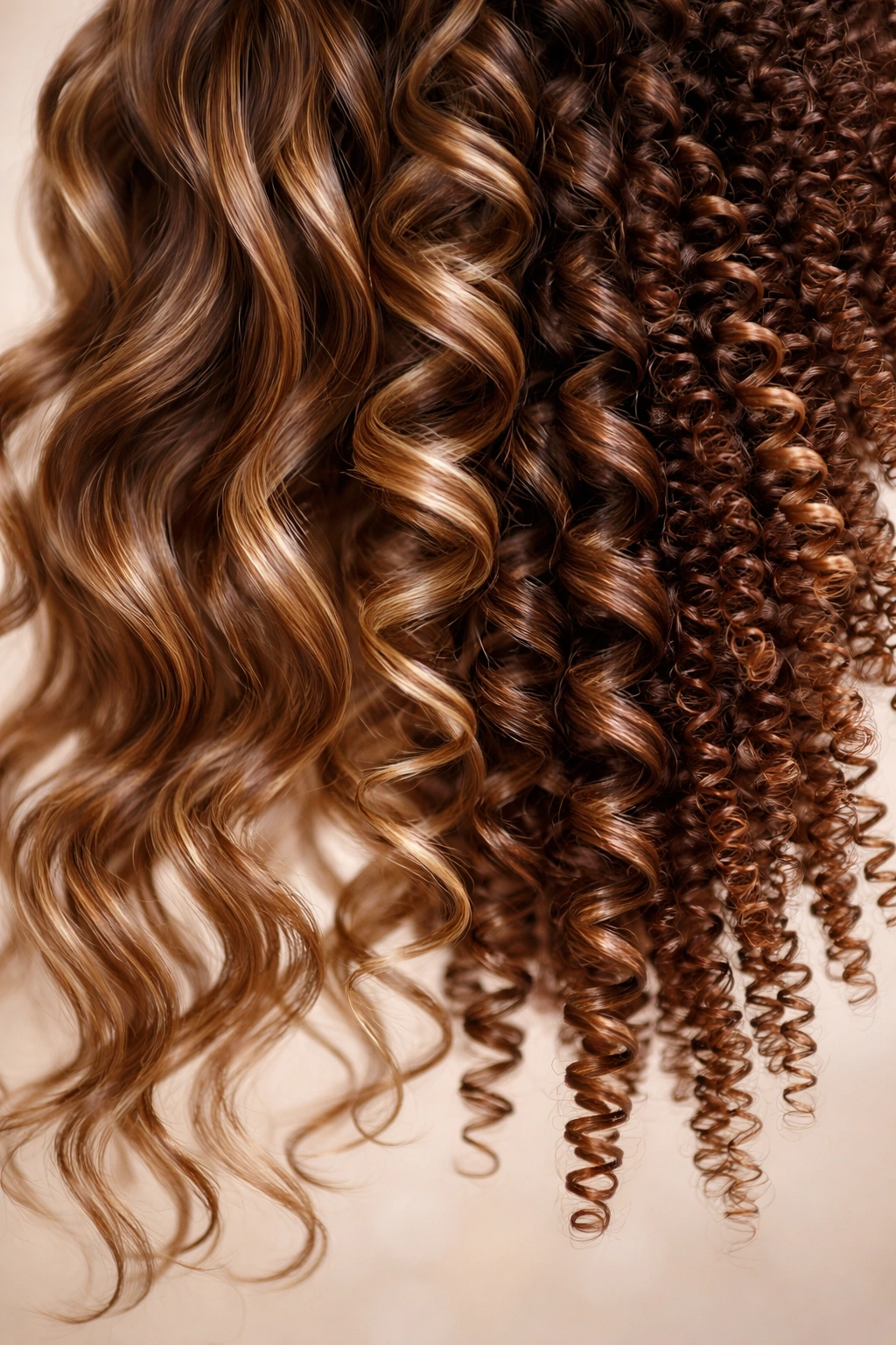Close-up of various curl patterns from waves to coils