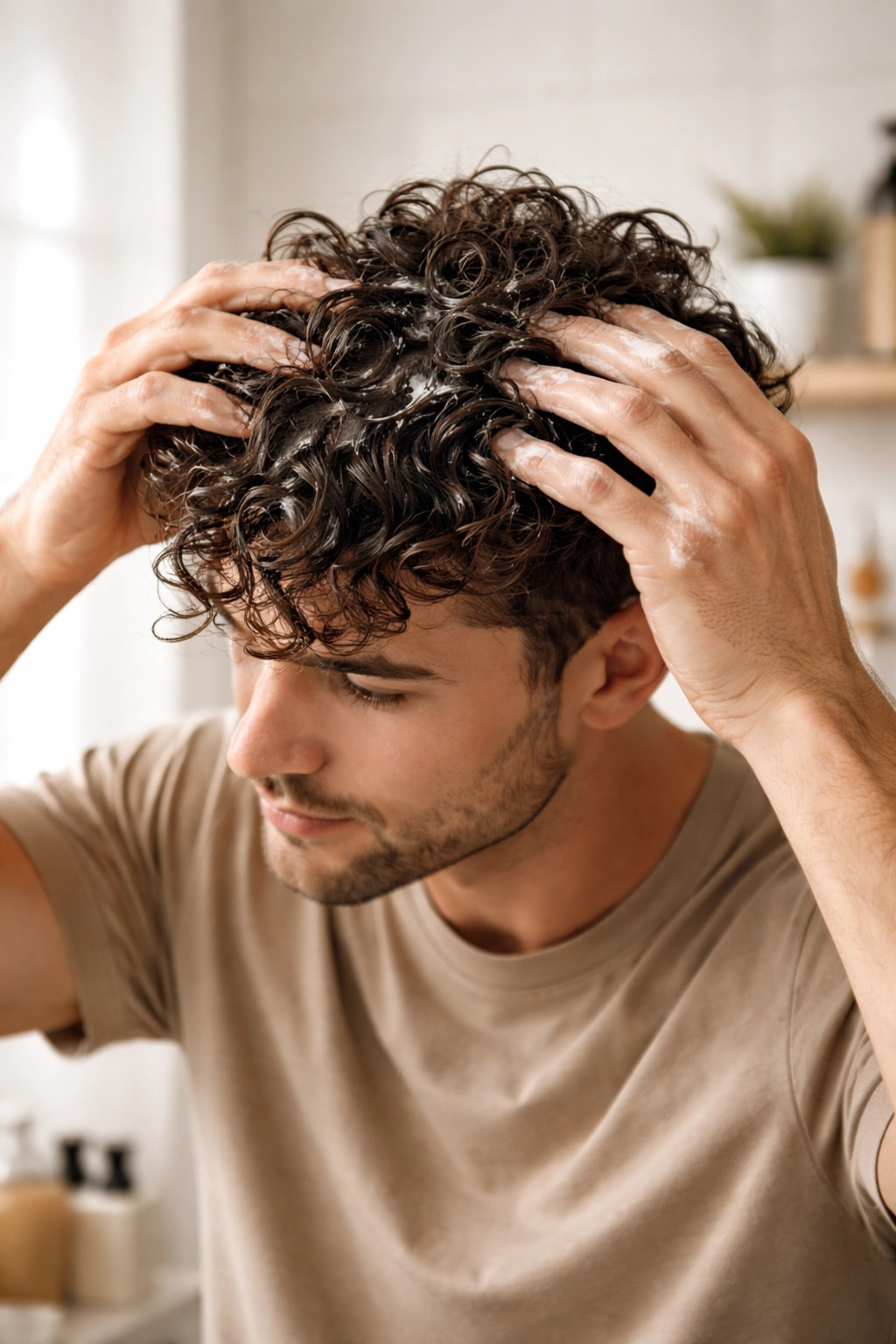 Hands applying leave-in conditioner to damp curly hair in a mirror setup