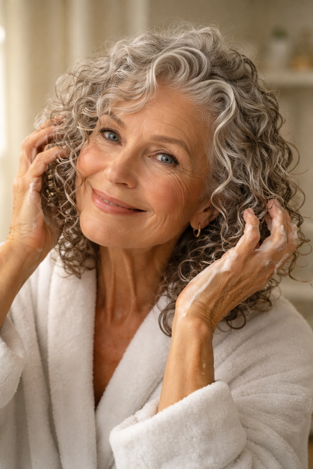 Close-up of a mature woman applying curl cream to damp curls