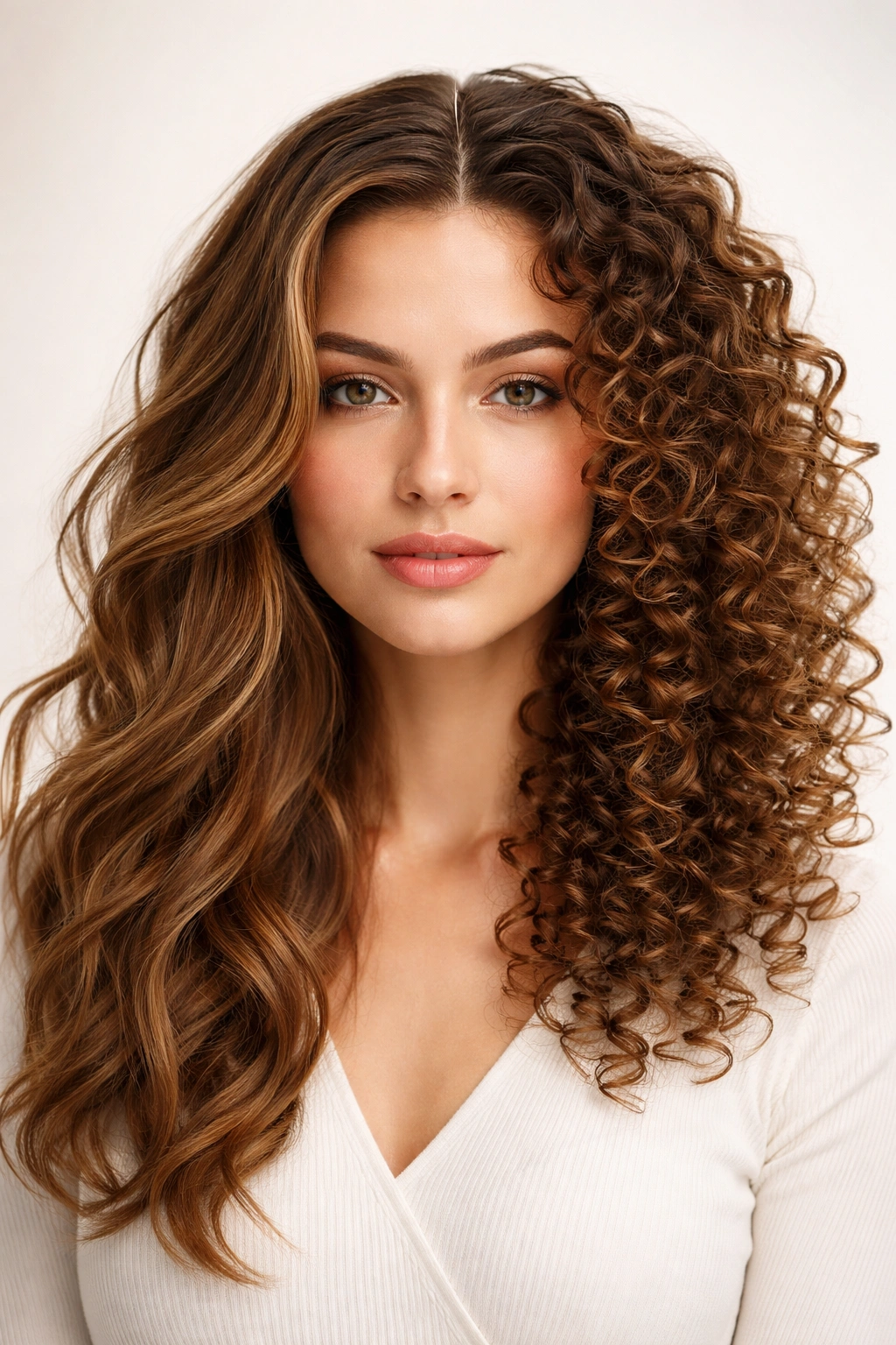 Portrait showing two curl textures on opposite sides of the head