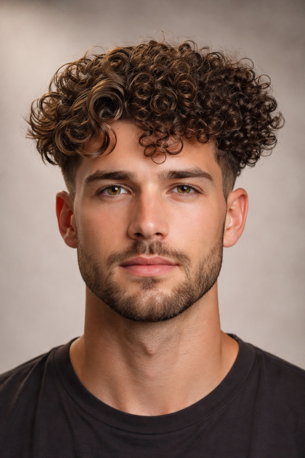 Close-up portrait showing multiple curl textures on man's crown to illustrate curl types before cutting