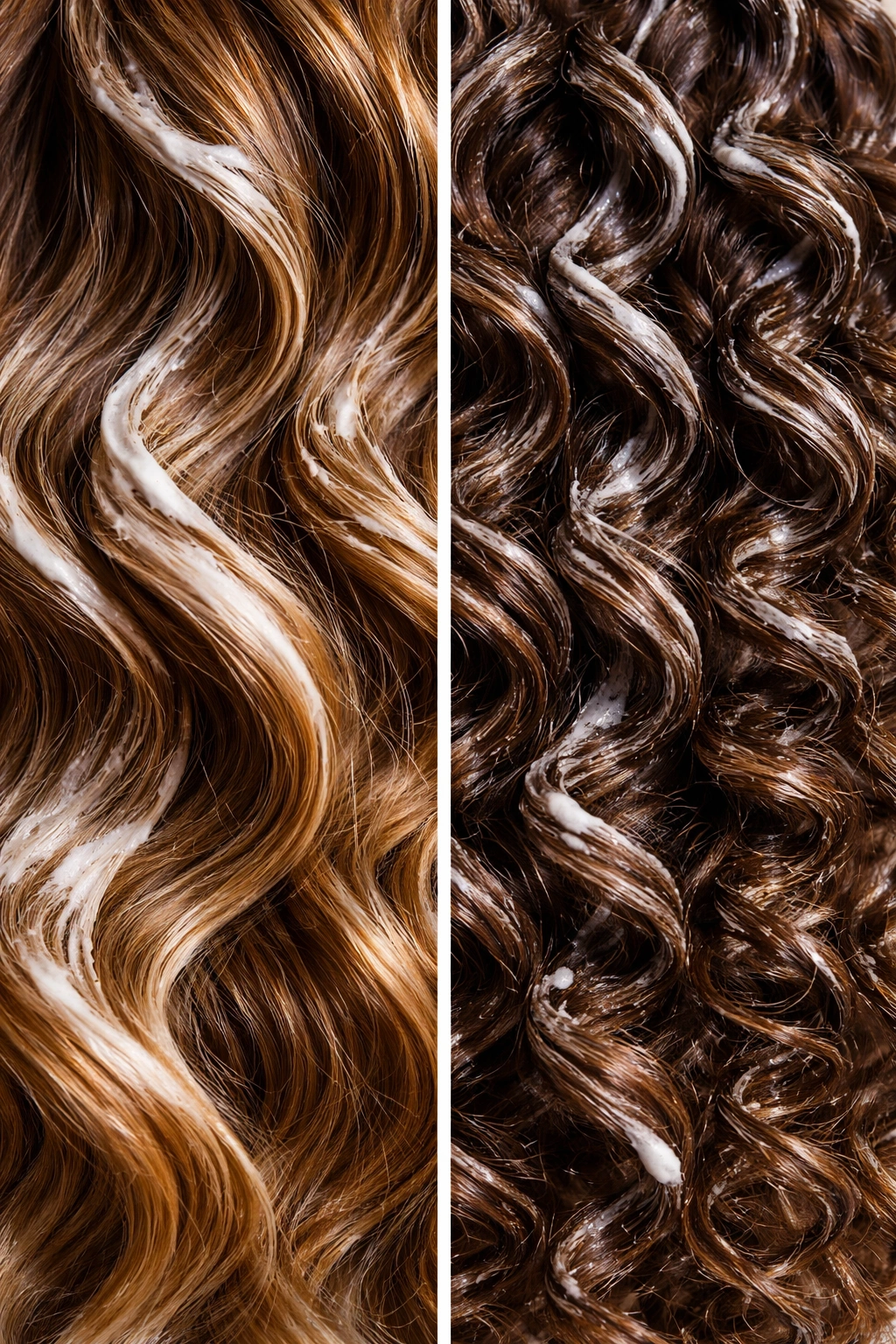 Close-up of hair with waves and spirals showing mousse-defined texture