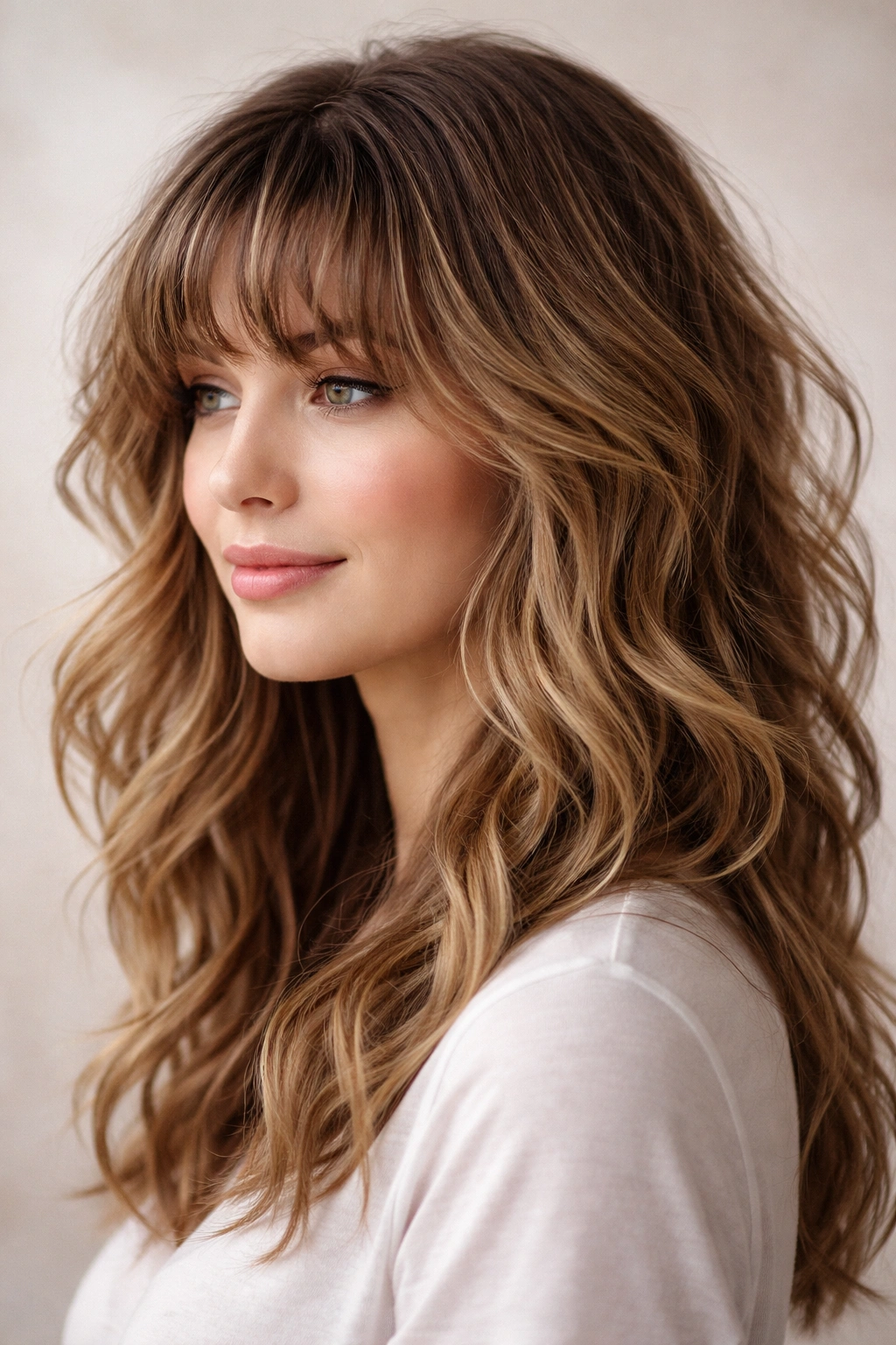 10 Fine Wavy Hairstyles For A Much Fuller Look 7 Close-up side profile of fine wavy hair with curled bangs and layered length.