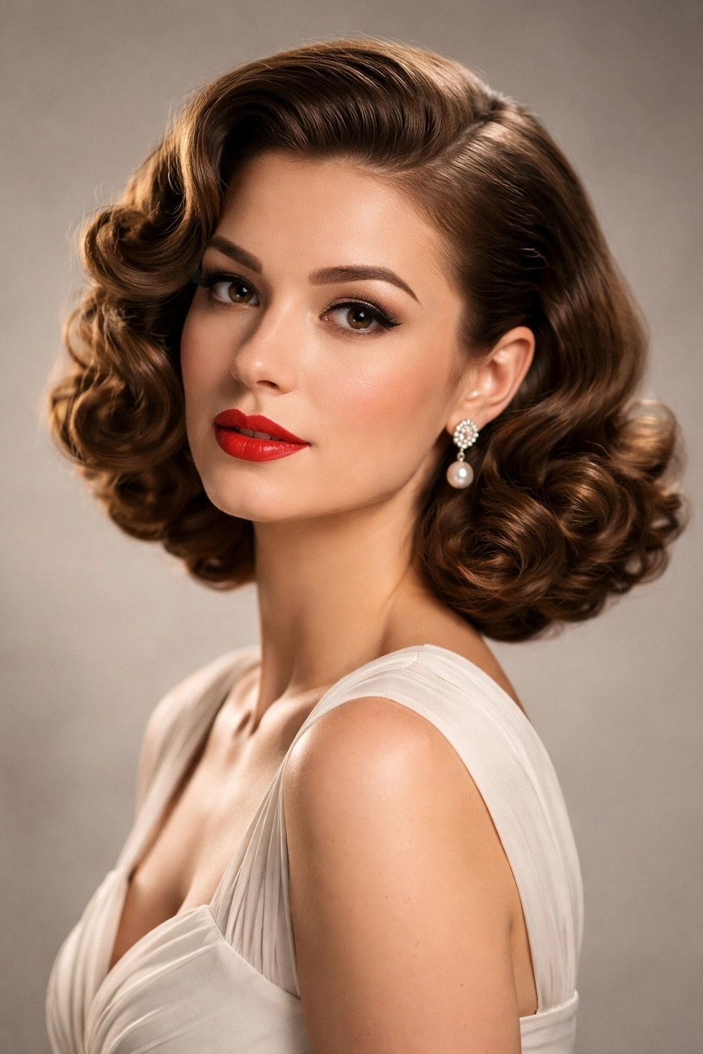Portrait of a model with a 1940s curled bob featuring tight curls and side part