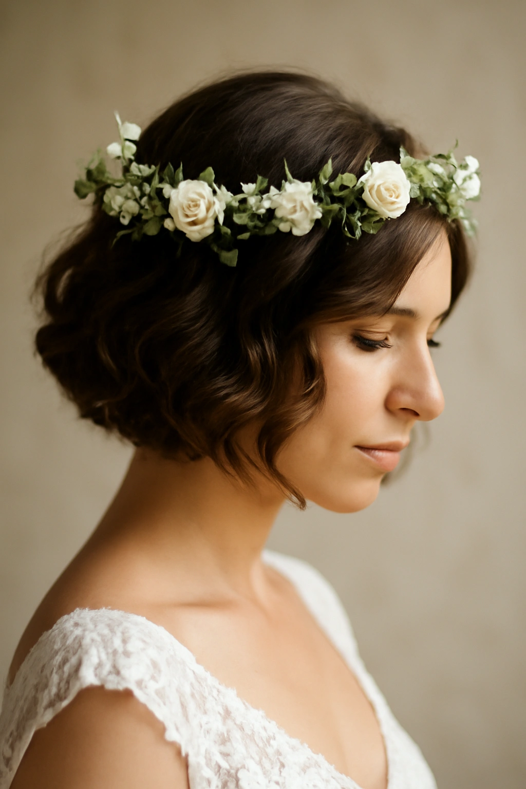 10 Simple Wedding Hairstyles for Short Hair Brides 9 Curled bob hairstyle with a fresh flower crown on a bride.