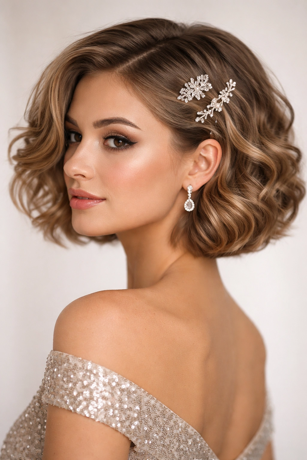 Curled bob with decorative clips in hair in studio