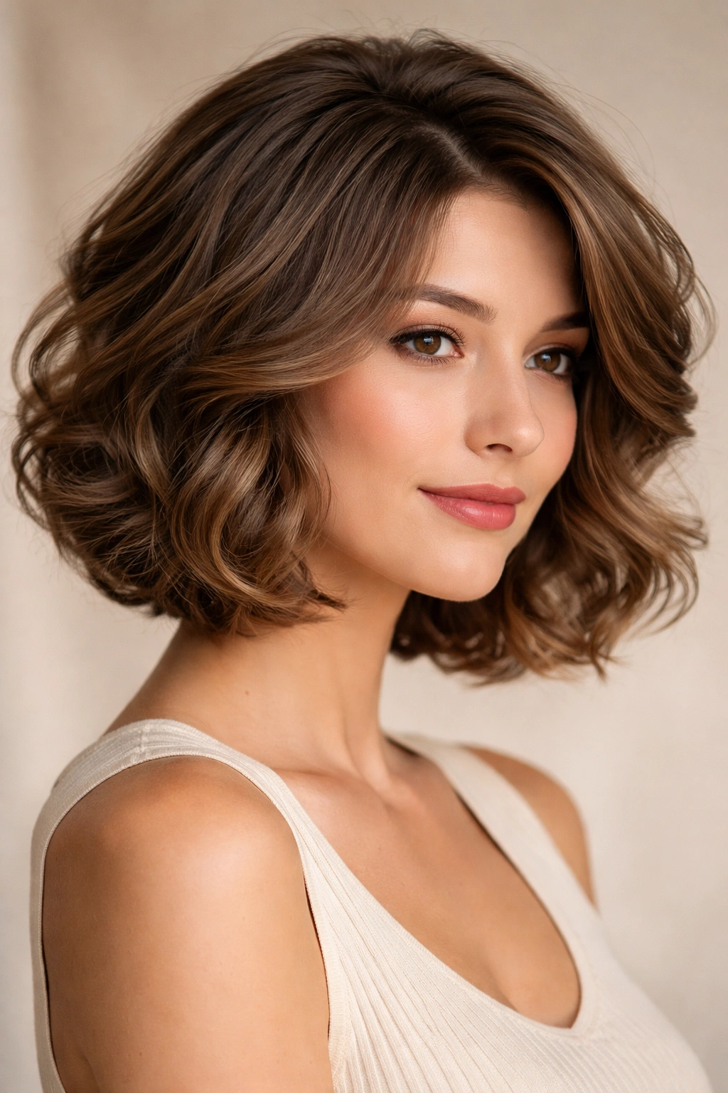 Curled Bob with Inner Layers on a model, showing internal structure that creates lift.