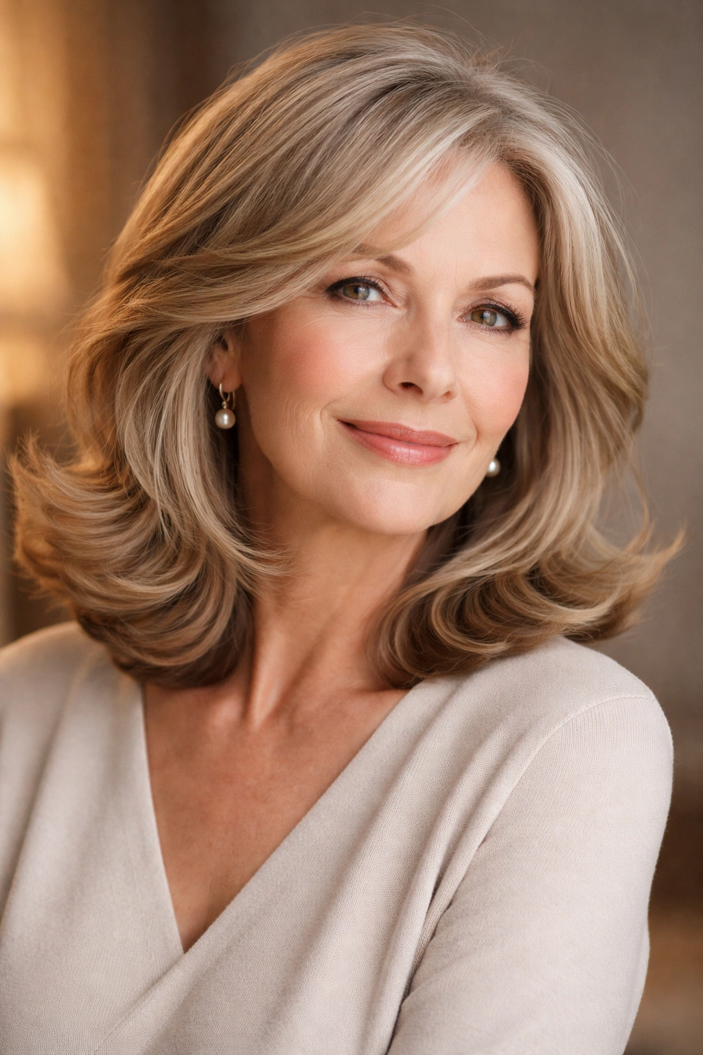 Medium-length hairstyle with curled ends for playful sophistication