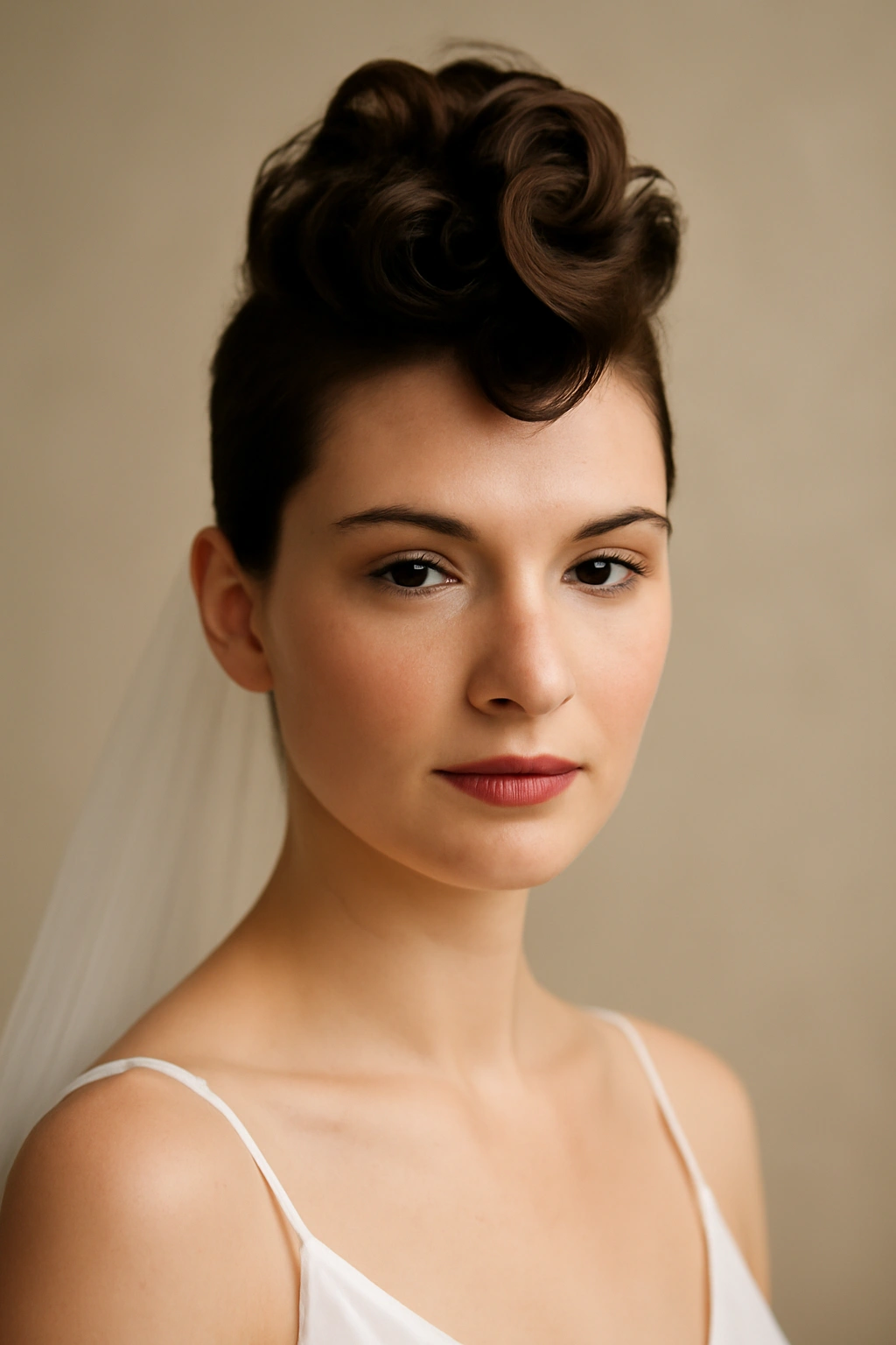 Getting Married With Short Hair? 10 Bridal Looks 8 Bridal hairstyle with curled center faux hawk and smooth sides.