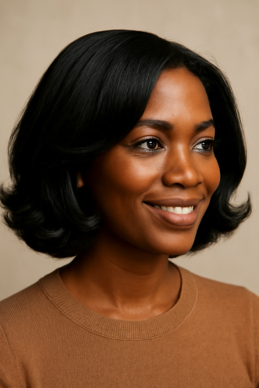 12 Bob Haircuts for Black Women Worth Bookmarking 8 Shoulder-length curled-out ends bob on a Black woman in studio lighting
