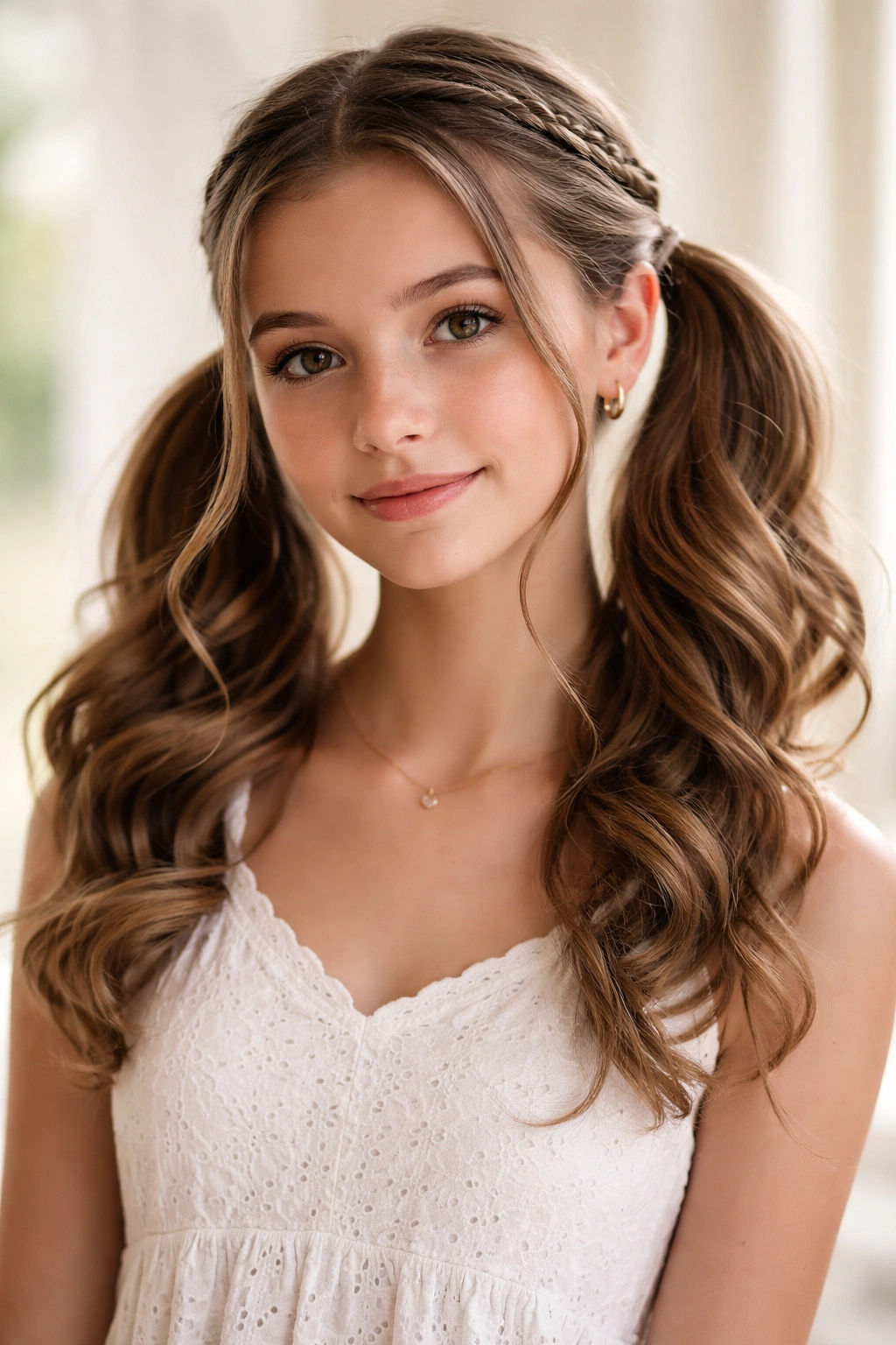 Teen with curled pigtails behind the ears and subtle front braids