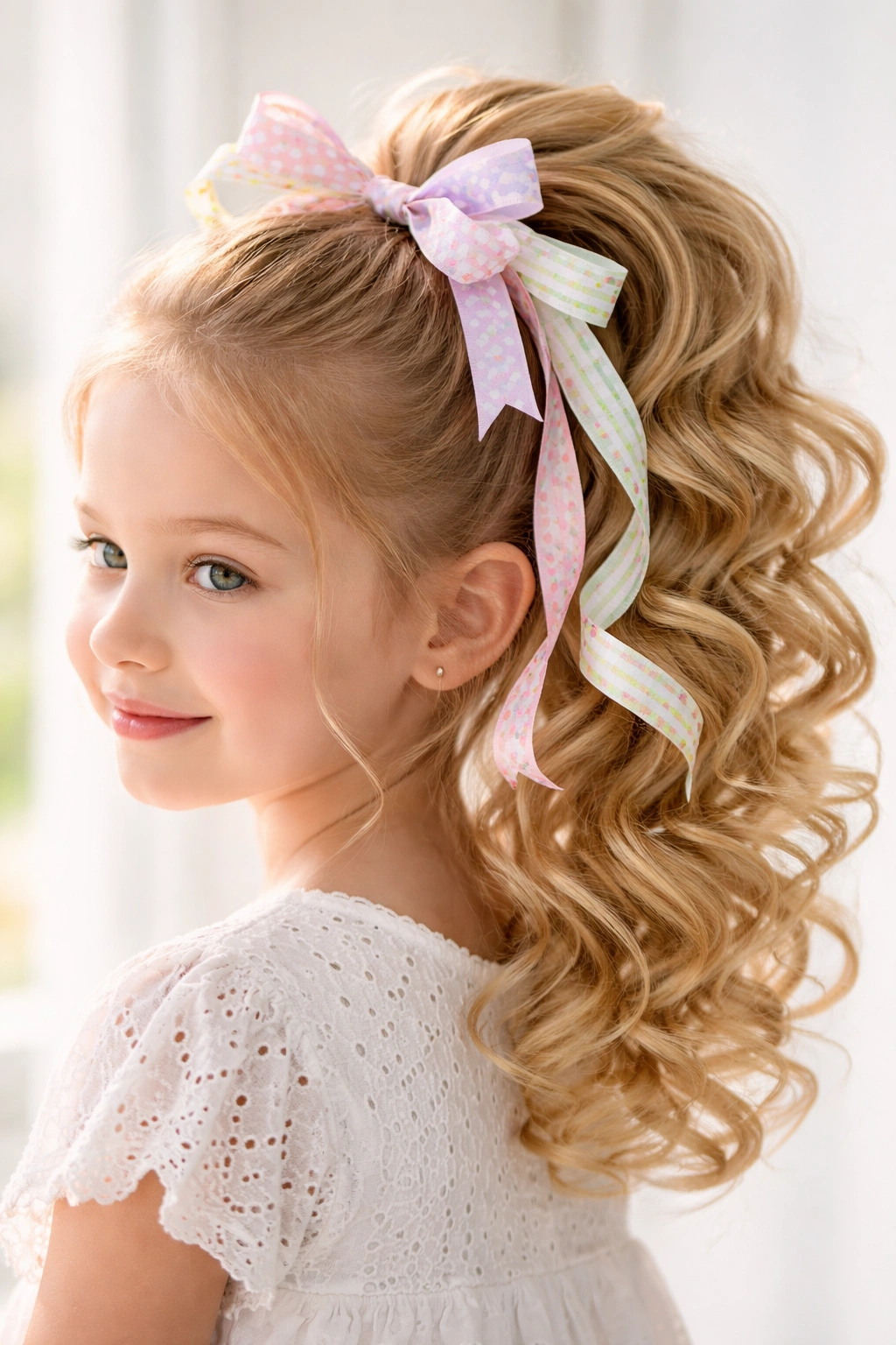 High ponytail with curls and ribbon woven through