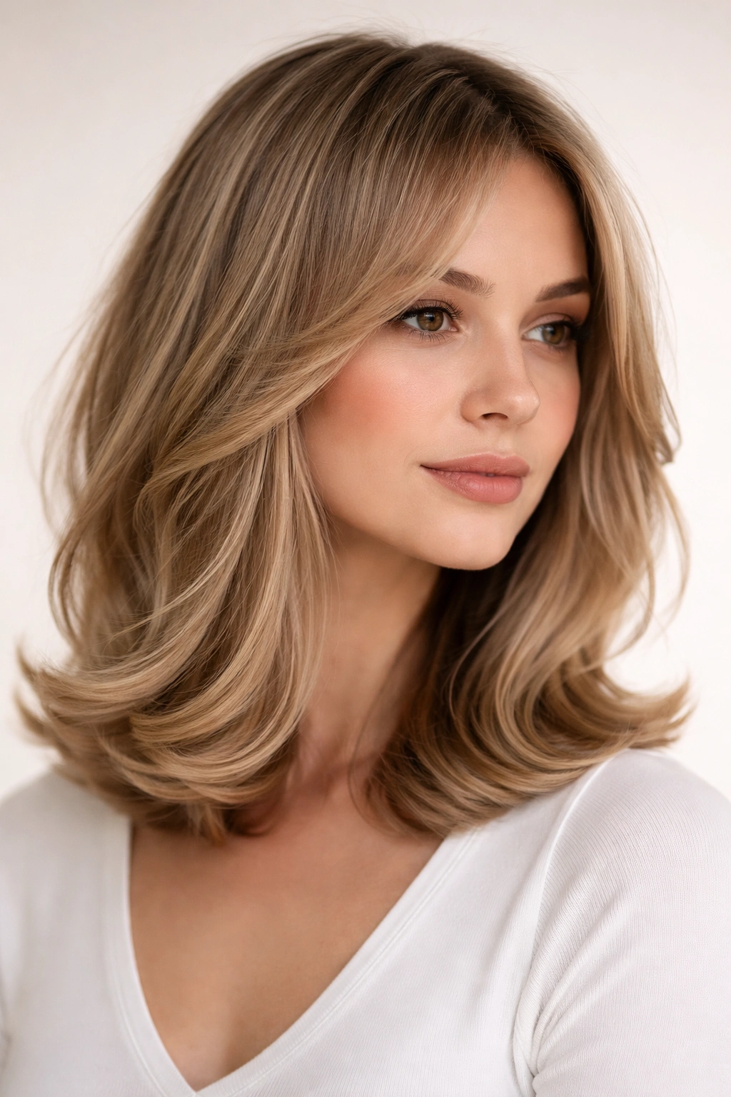 Shoulder-length hair with curled-under waves and blunt ends