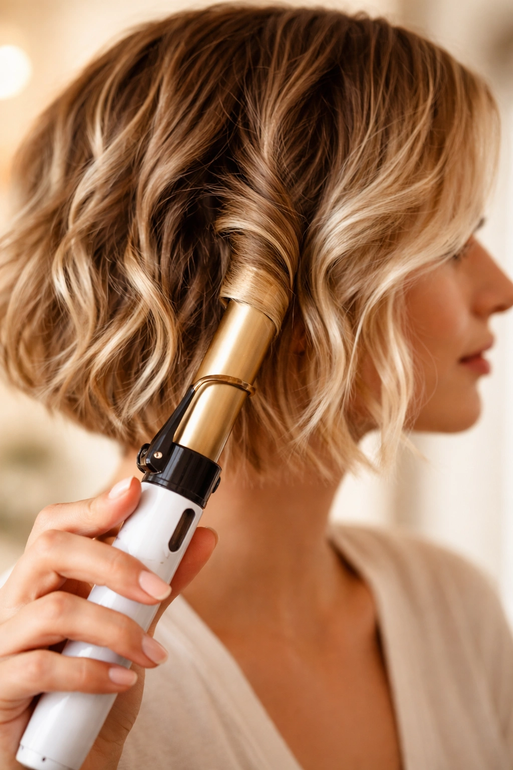 Hand curling a strand of short hair with a curling iron
