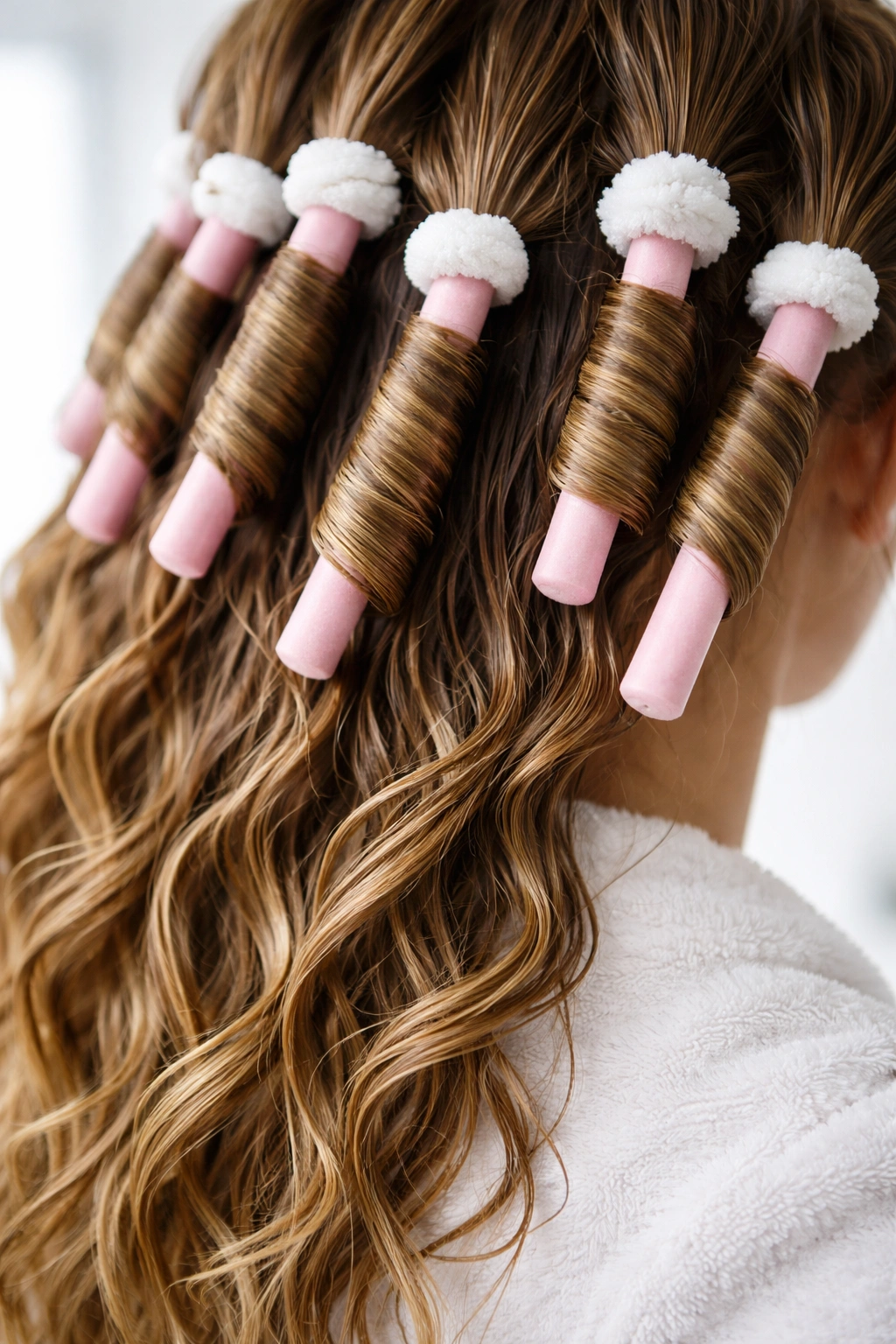 Damp hair wrapped around curling rods in neat sections