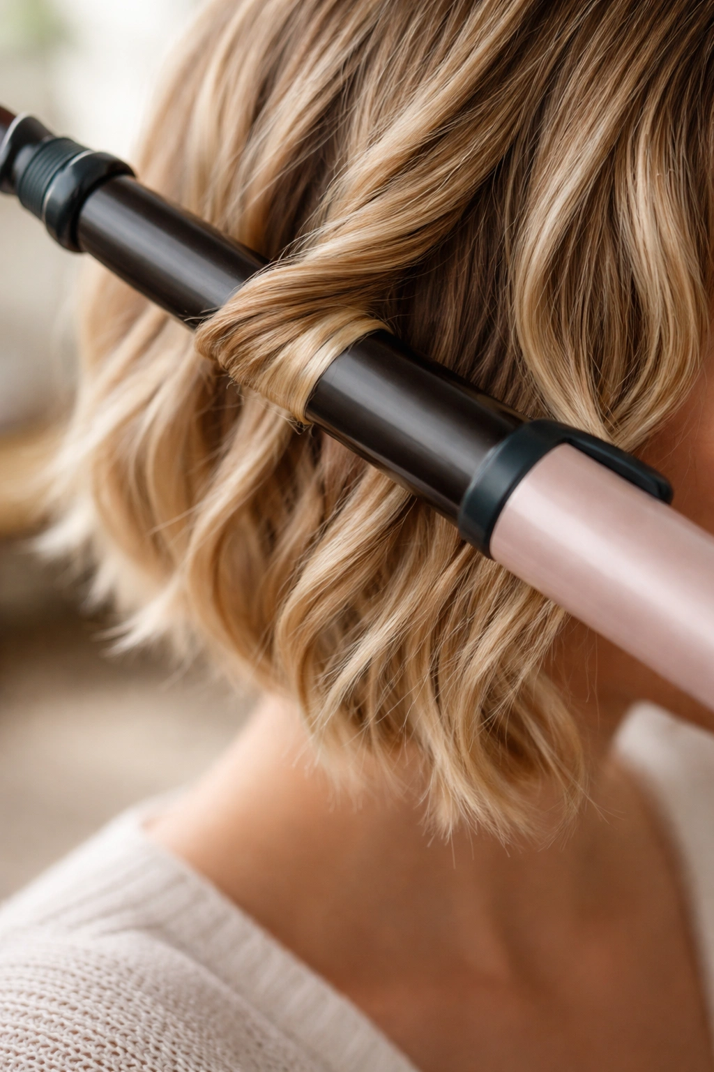 Curling wand wrapped with hair forming soft natural waves