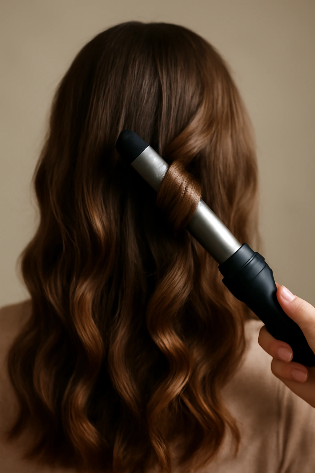 How to Create the Perfect Low Bun for Your Wedding 6 Back view of loose waves formed with curling iron.