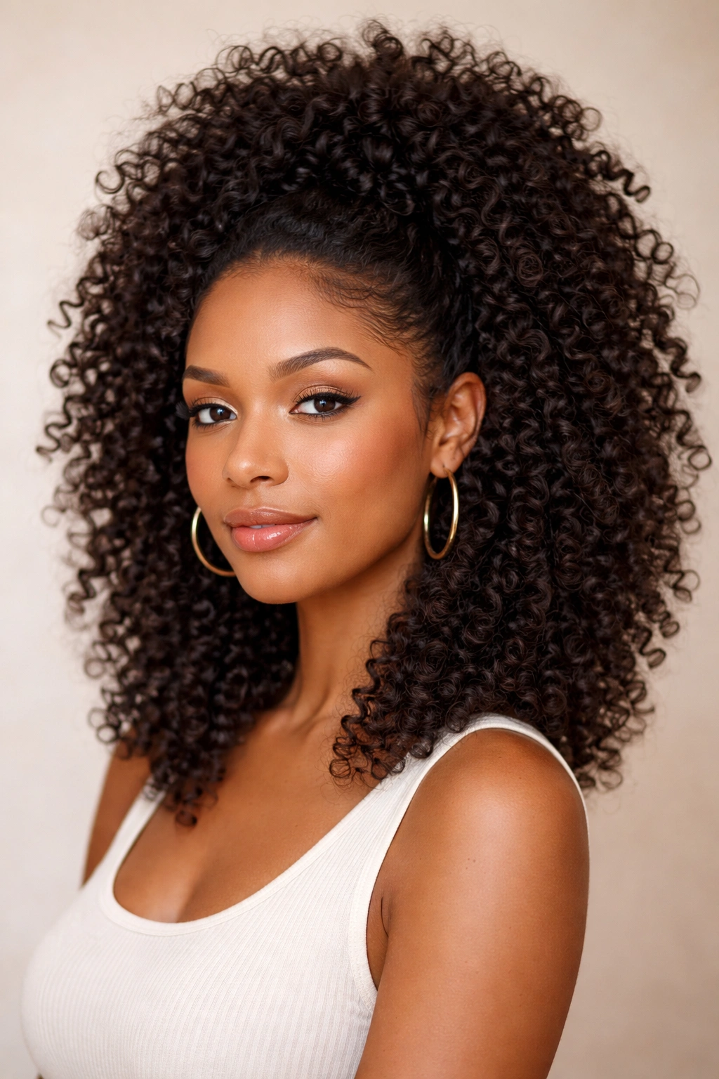 Styled curls with volume at the crown and defined coils