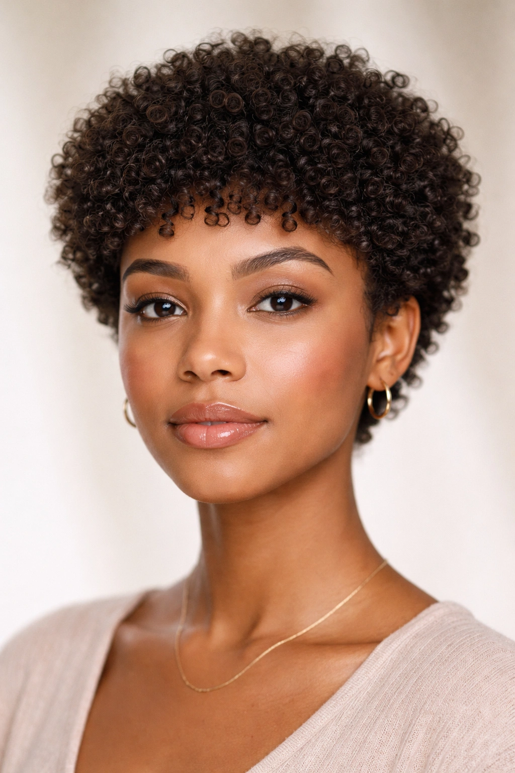Rounded cropped curly afro with even length and natural texture