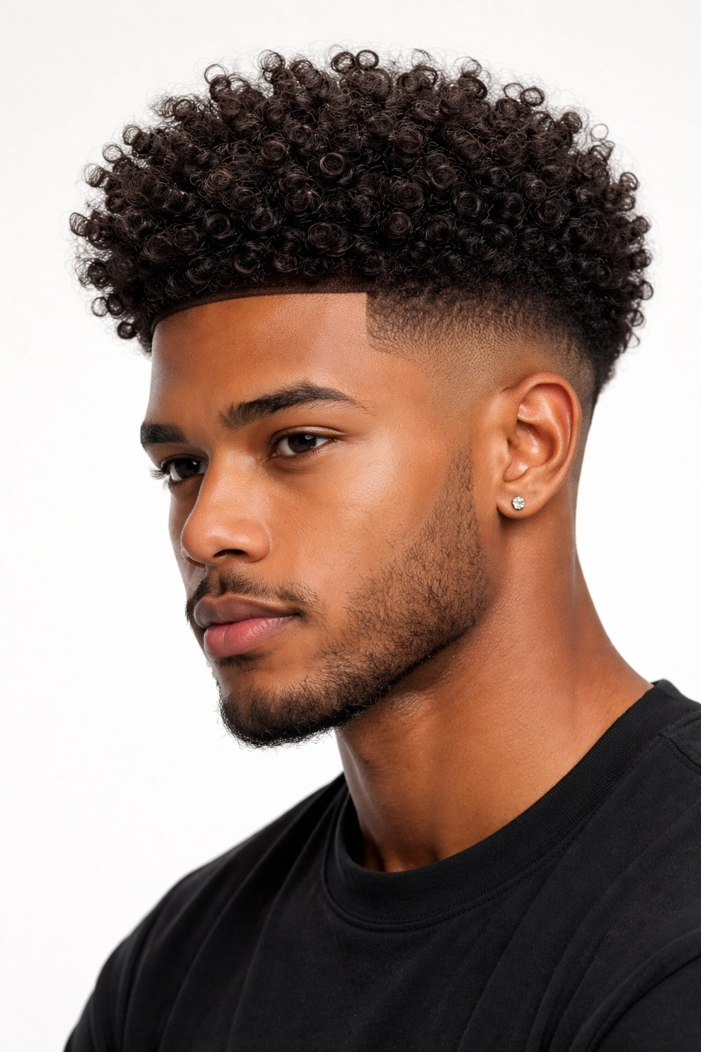 Close-up portrait of curly afro with fade showing defined corkscrew curls and clean sides