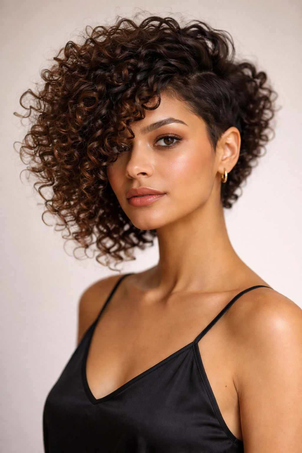 Front-three-quarter view of a person with a curly asymmetrical cut showing dramatic contrast between sides