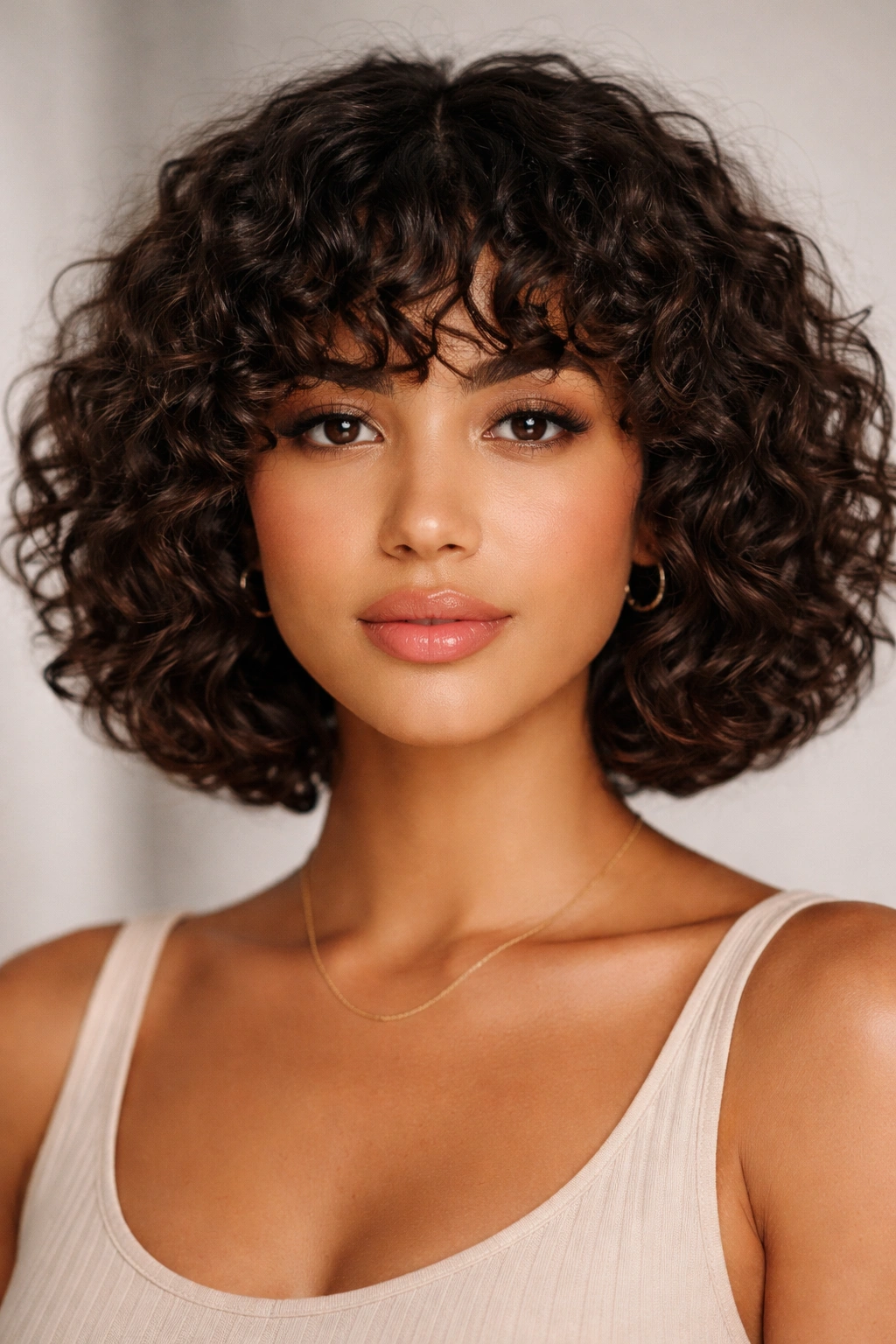 Frontal view of curly bangs bob with bangs above the eyebrows and textured hair