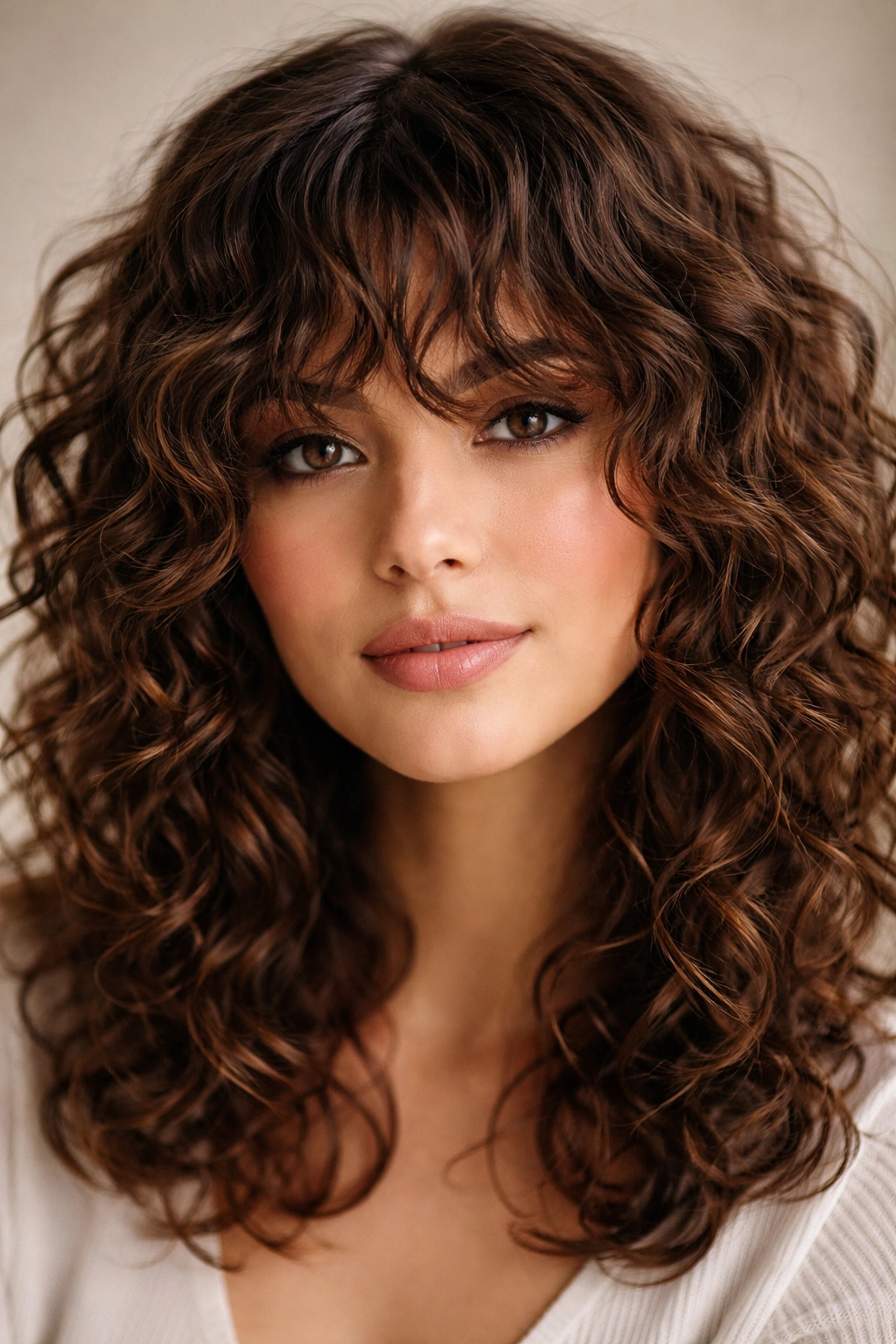 Close-up portrait of choppy layered curly bangs creating texture at the front