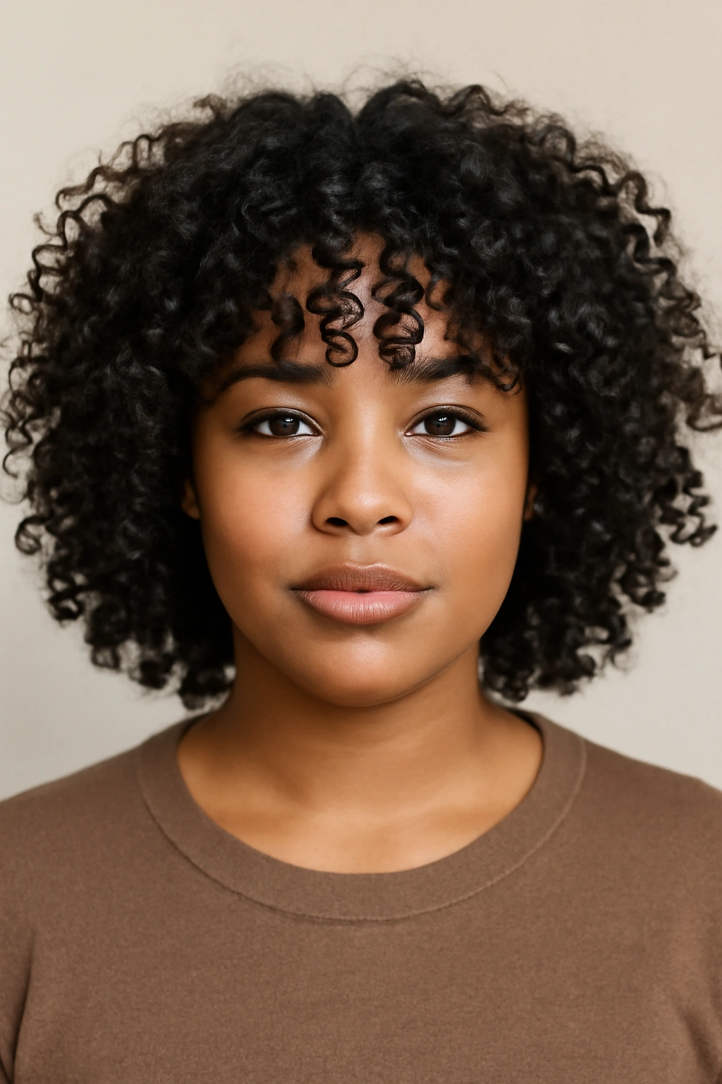 12 Flattering Hairstyles for Black Women With Round Faces 12 Close-up of curly bangs with defined curls across the forehead