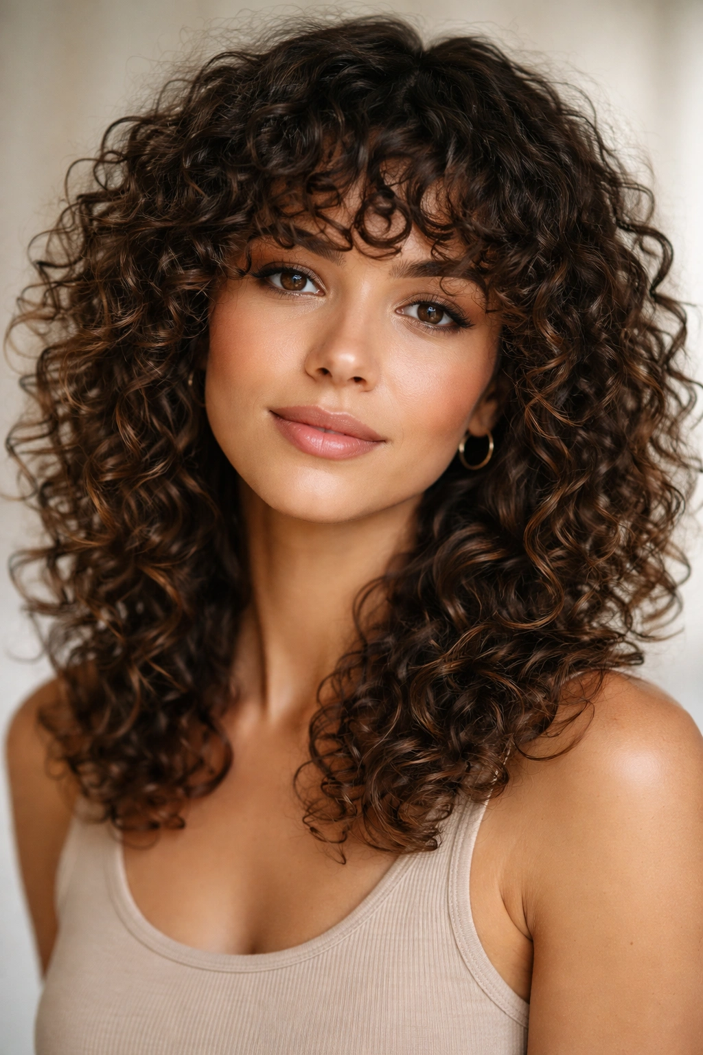 Portrait of a person with Curly Bangs Haircut, short textured bangs and layered curls