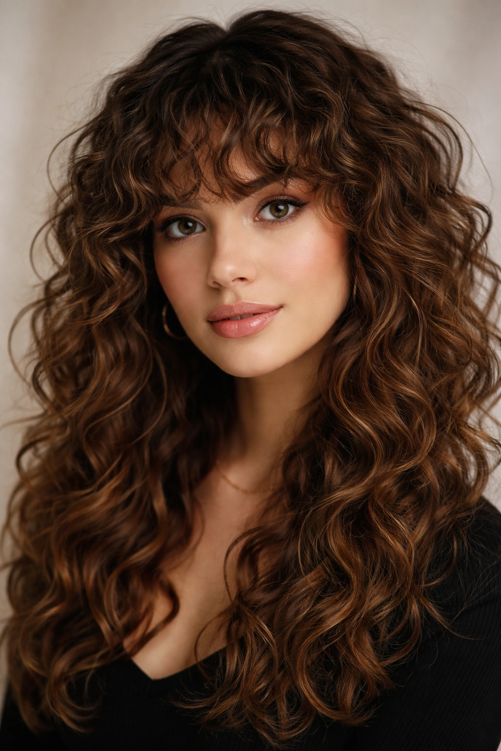 Model featuring curly bangs and long face-framing layers in a studio portrait