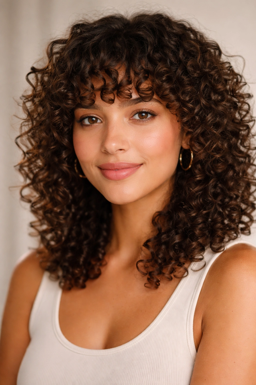 Close-up portrait of a person with curly bangs in soft studio lighting