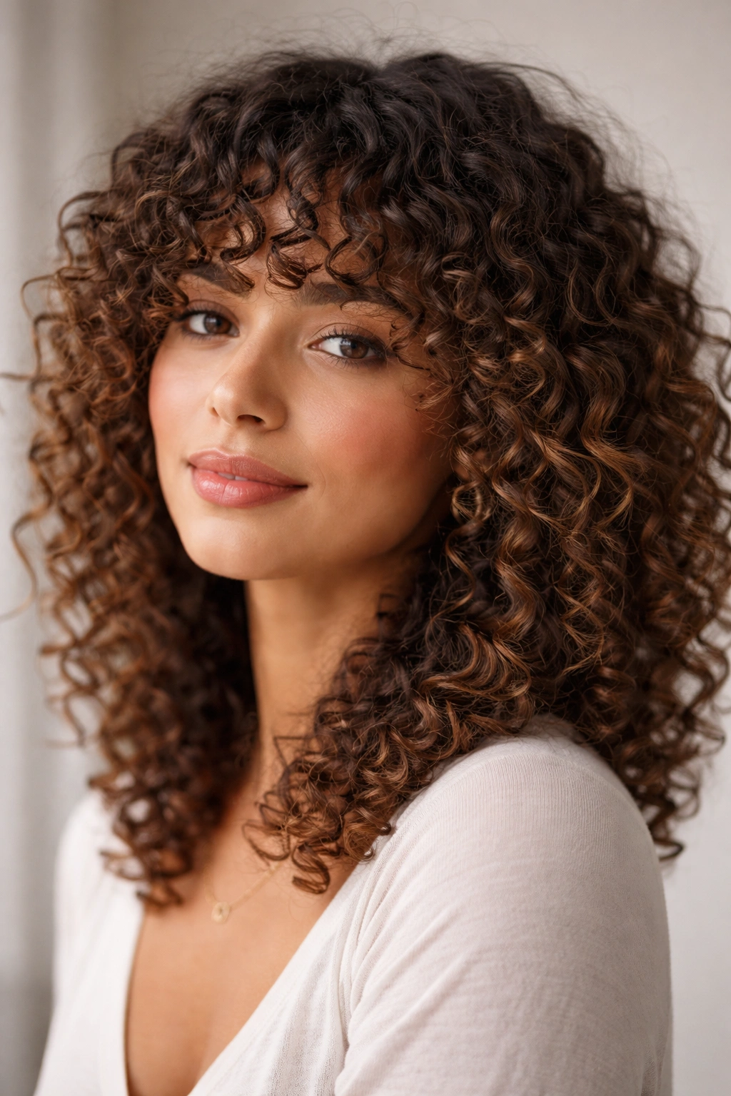 12 Curly Bang Haircuts For Every Type Of Curl 13 Close-up portrait of a person with curly bangs and defined curls