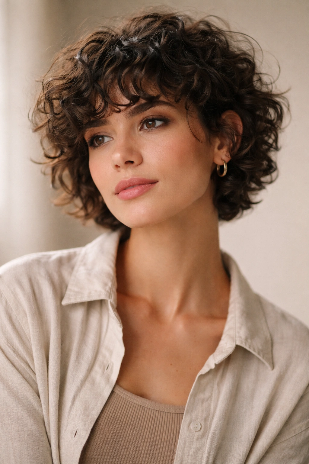 12 Short Haircuts With Curly Bangs You Ll Love 13 Thoughtful portrait of a person with short curly hair and curly bangs, studio lighting