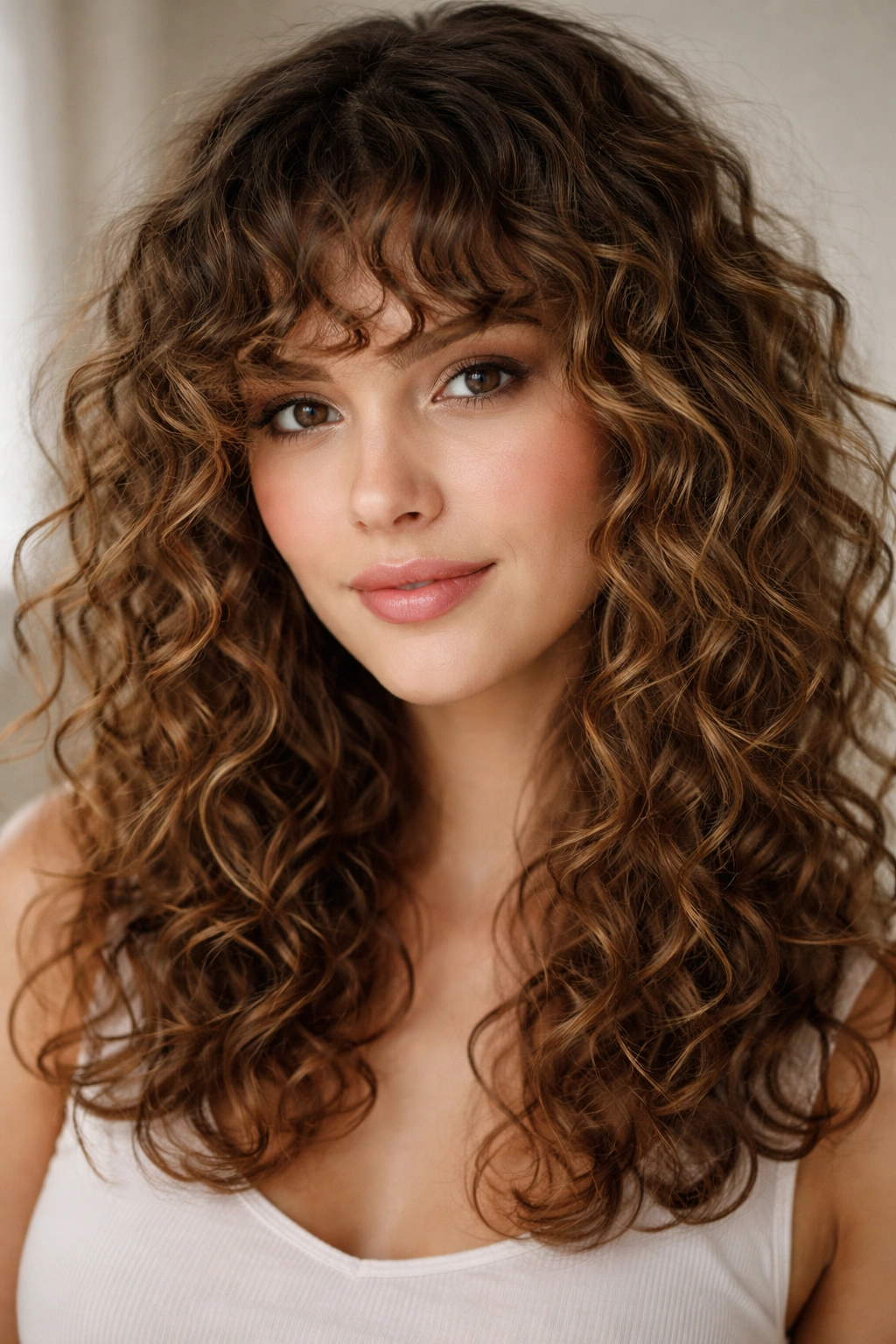 Curly bangs framing face with textured fringe in soft lighting