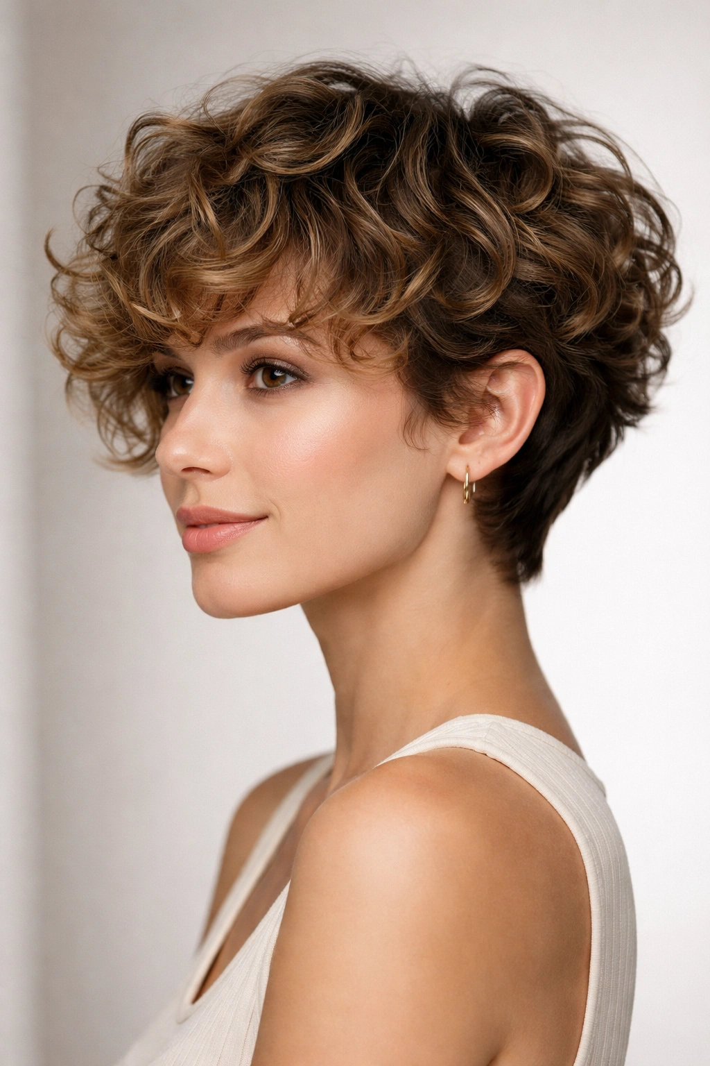 Portrait of a person with curly bixie cut showing defined curls and layering