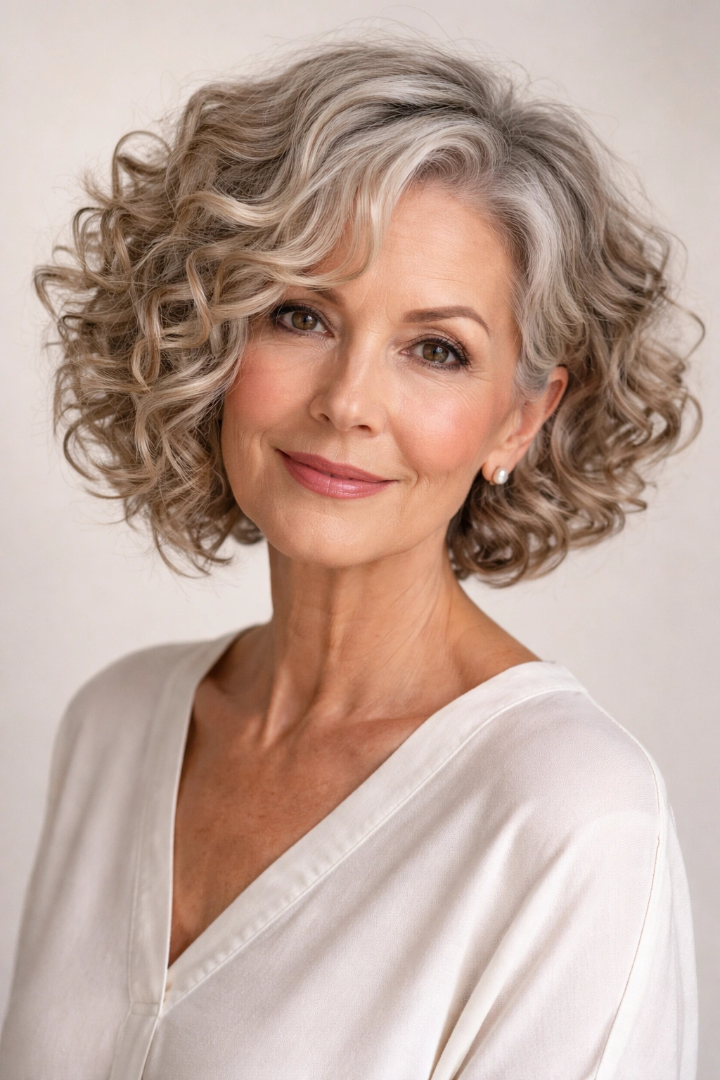 Asymmetrical curly bob with uneven lengths.