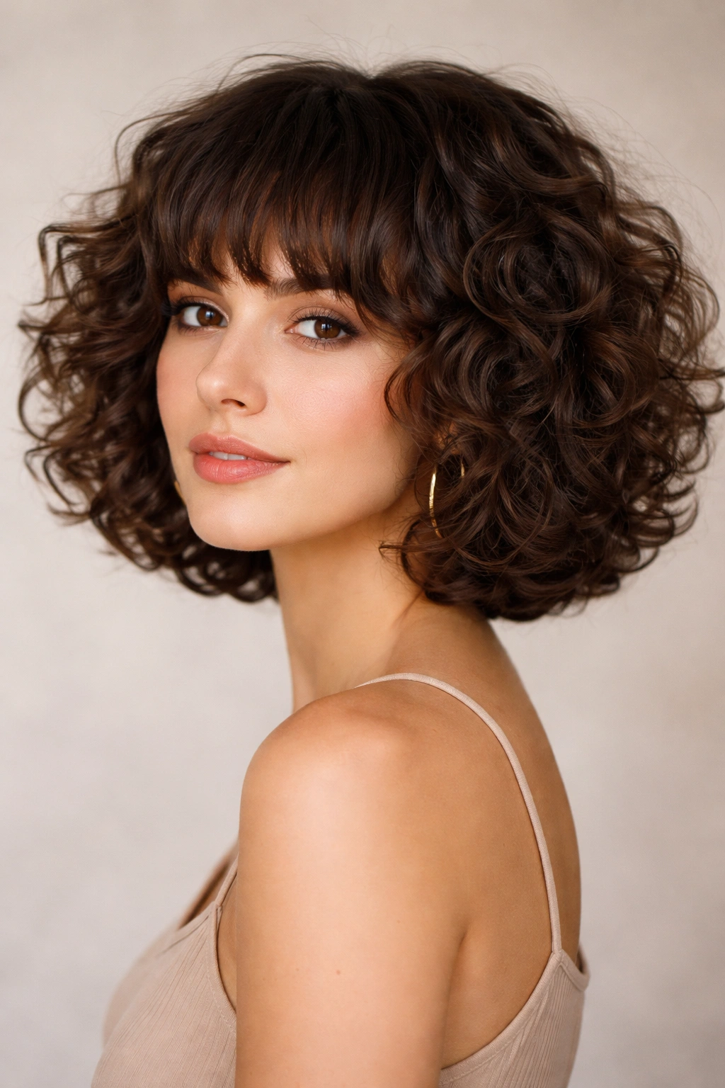 Portrait of a curly bob with bangs showing defined shape and texture