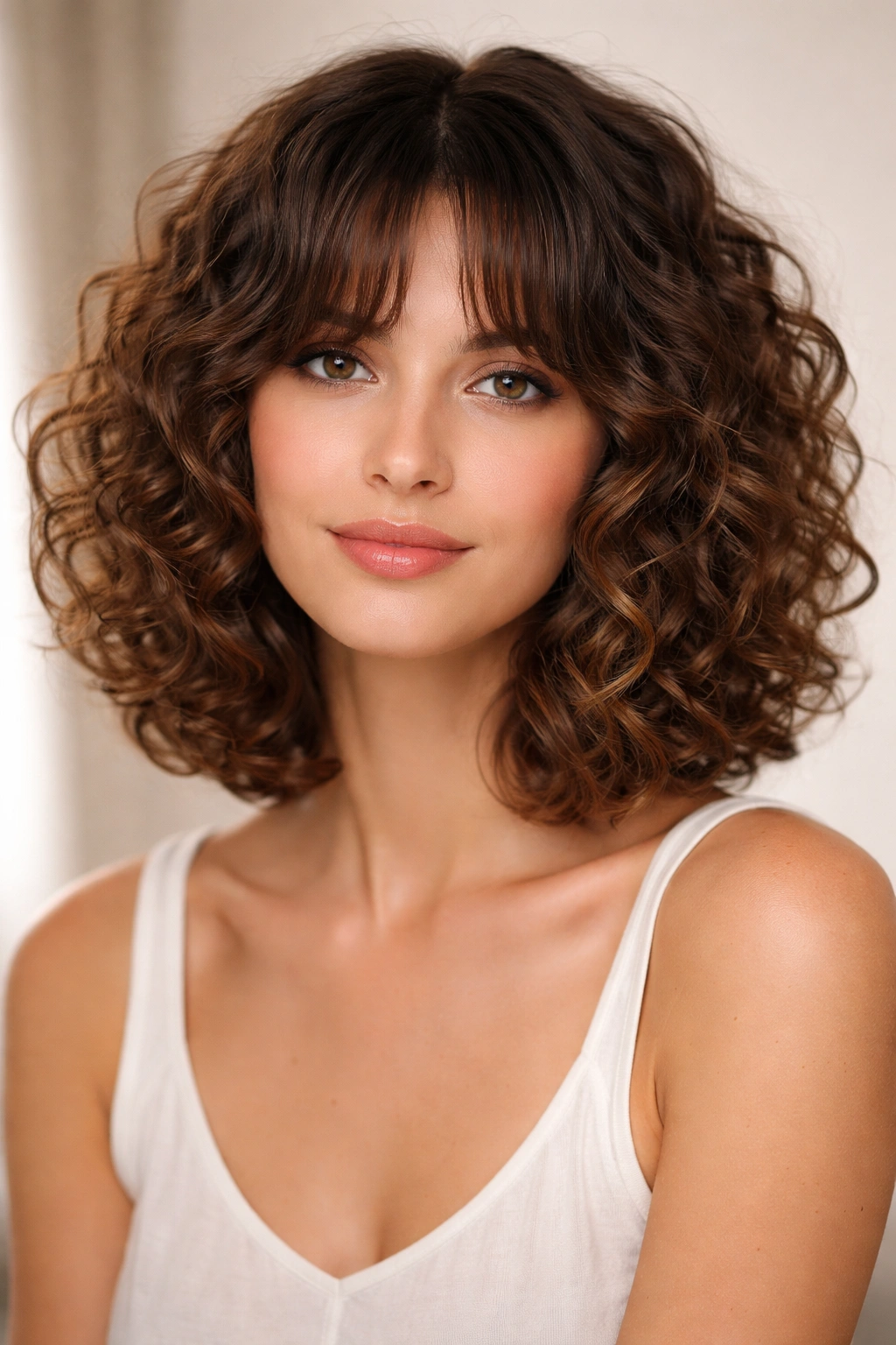 20 Curly Bob Haircuts That Flatter Every Face 12 Curly bob with curtain bangs framing the face in studio portrait