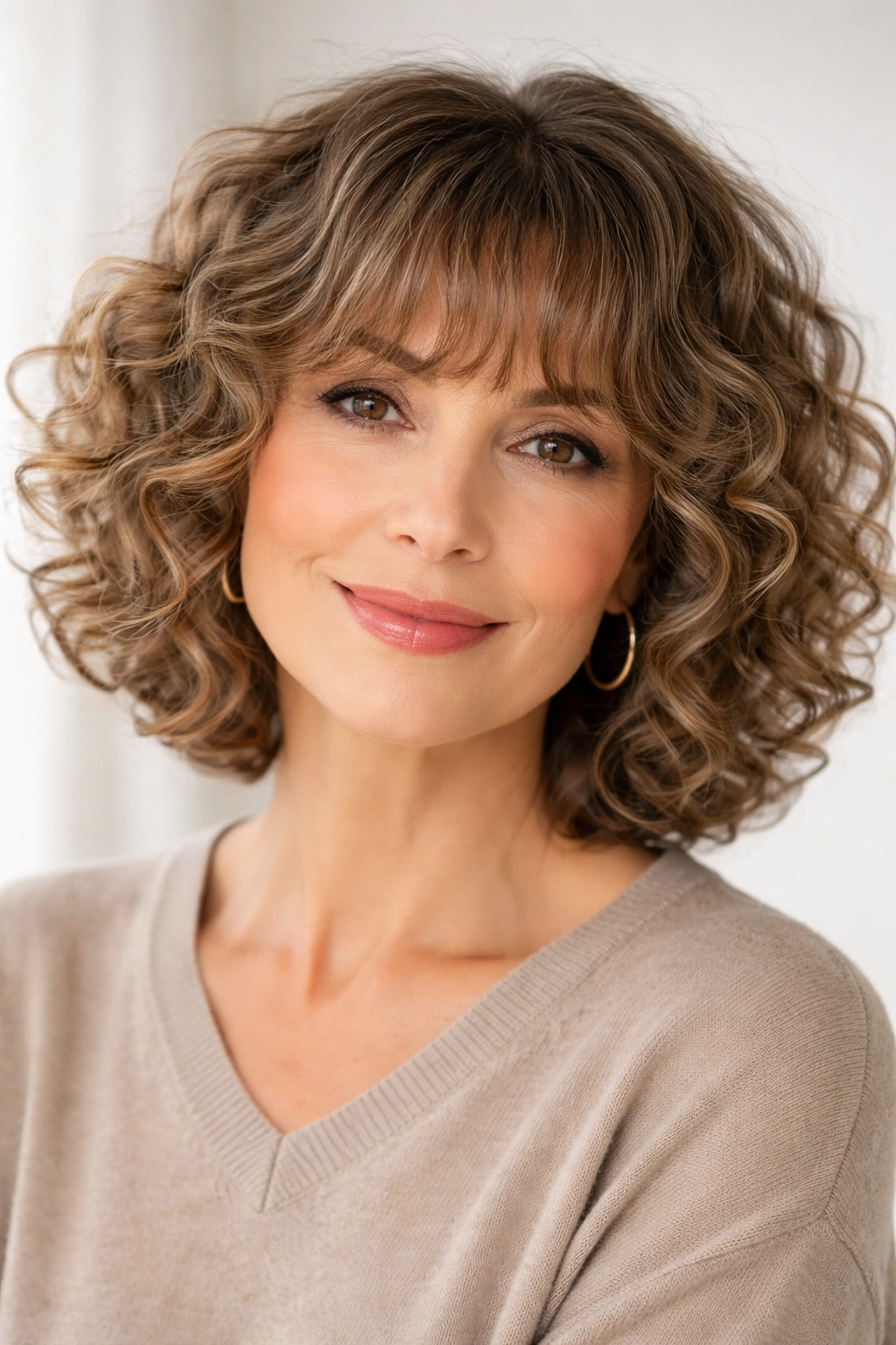 Curly bob with soft bangs on a model in a studio