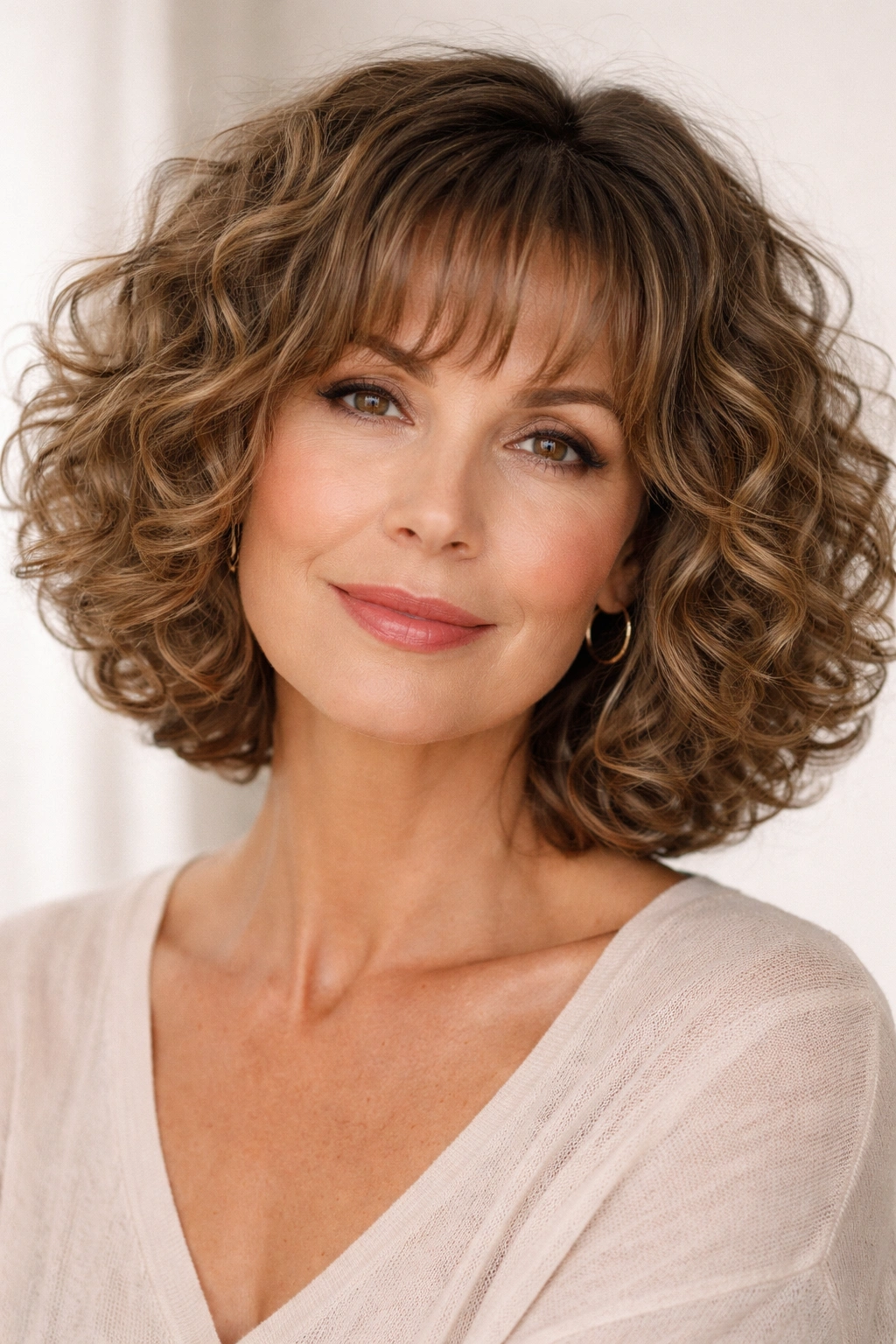 Curly bob with face-framing bangs on a studio-lit portrait showing defined curls