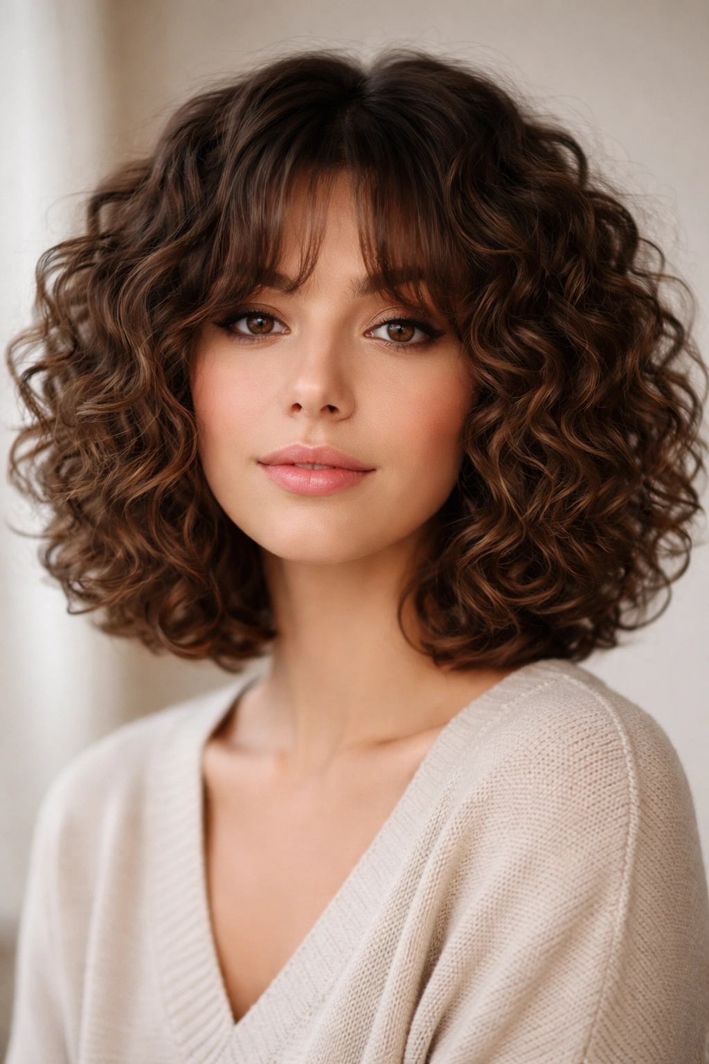 20 Curly Bob Styles For Natural And Permed Curls 14 Front view of curly bob with curtain bangs framing the face, defined curls.