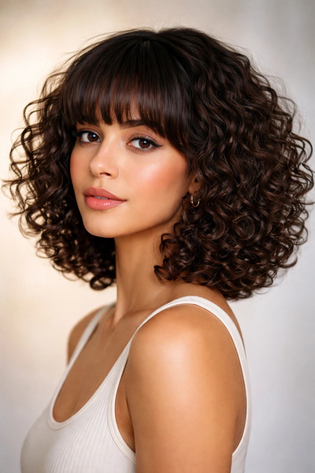 Portrait of a shoulder-length curly bob with blunt bangs, showcasing defined spirals